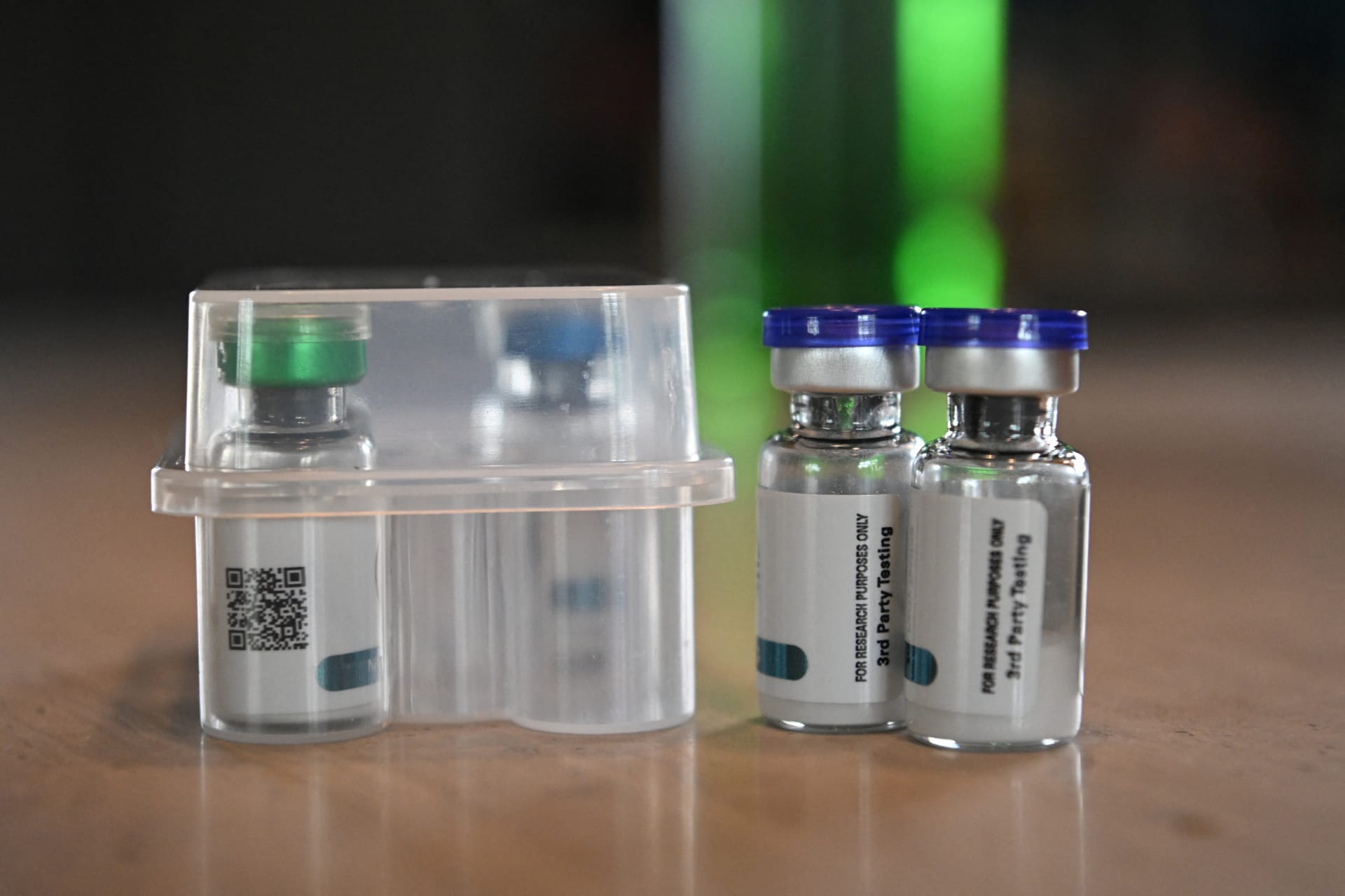 <p>Vials containing components of obesity drugs, which were purchased through the grey market, a new market that allows consumers to purchase obesity medication materials from China and reconstitute them into injectable drugs, sit on a kitchen counter at the home of Amy Spencer in southern Missouri, United States, on April 24, 2025.</p>
