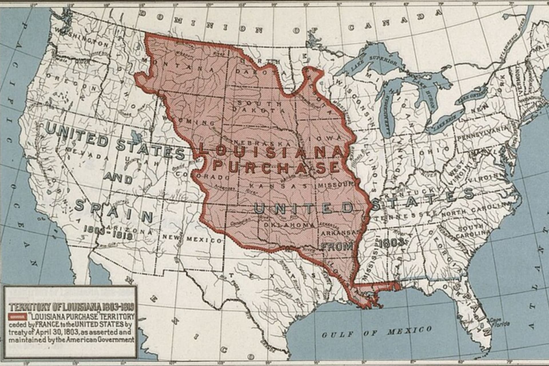 <p>A map of the 828,000 square miles that the United States acquired through the Louisiana Purchase.</p>
