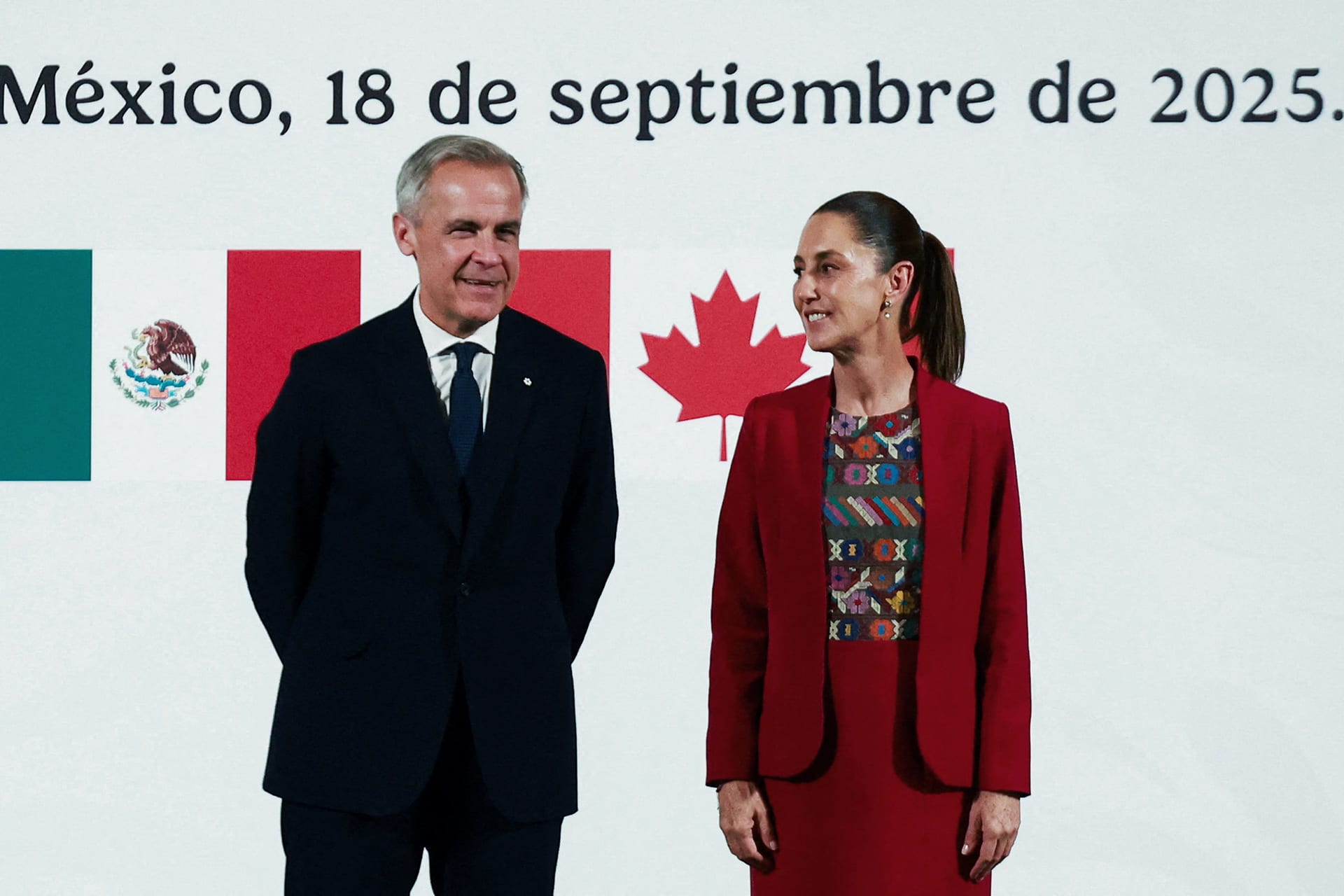 <p>Mexican President Claudia Sheinbaum stands next to Canadian Prime Minister Mark Carney as they hold a press conference at the National Palace, in Mexico City, Mexico, on September 18, 2025. </p>
