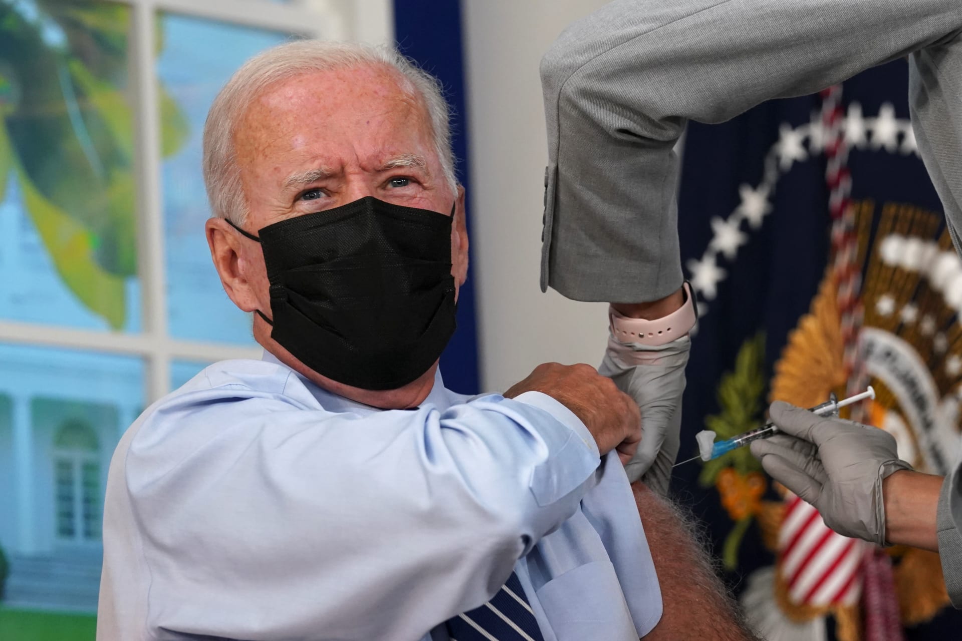 U.S. President Joe Biden receives his coronavirus disease (COVID-19) booster vaccination at the White House in Washington, U.S., September 27, 2021.