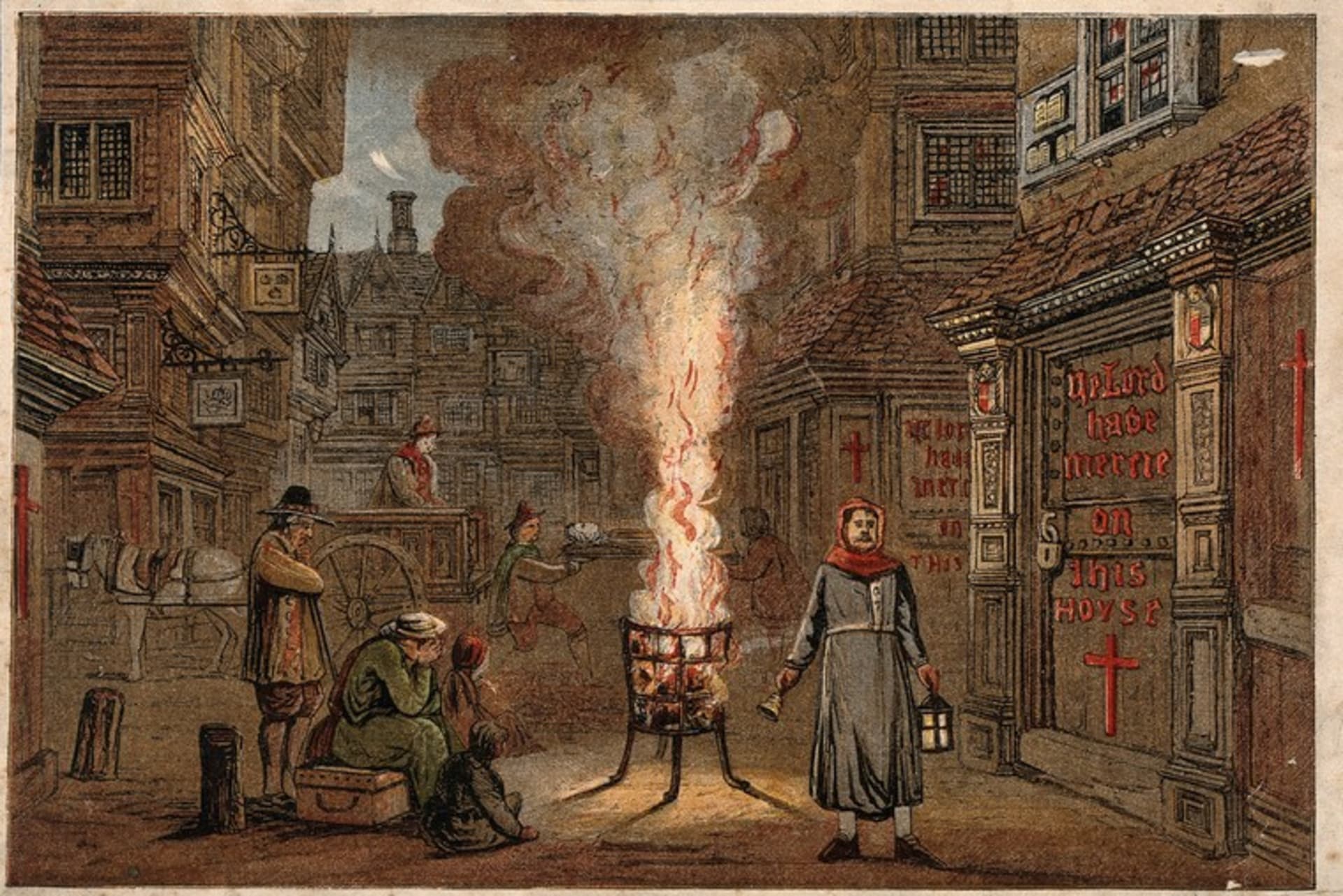 A colored wood engraving depicts a street in London during the plague in 1665, with a death cart and mourners.