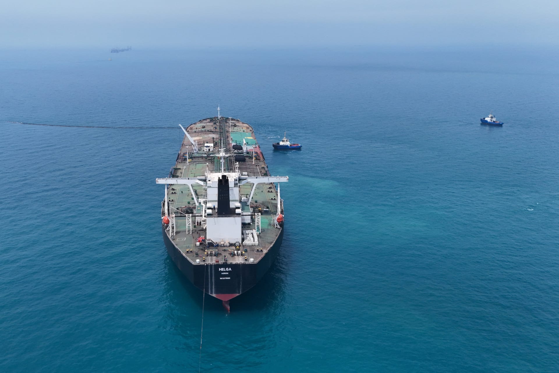 Drone view of oil tanker HELGA berthed at one of Iraq's southern offshore oil terminals near Basra as it prepares to load crude oil, becoming the second vessel to arrive since the closure of the Strait of Hormuz, April 24, 2026.