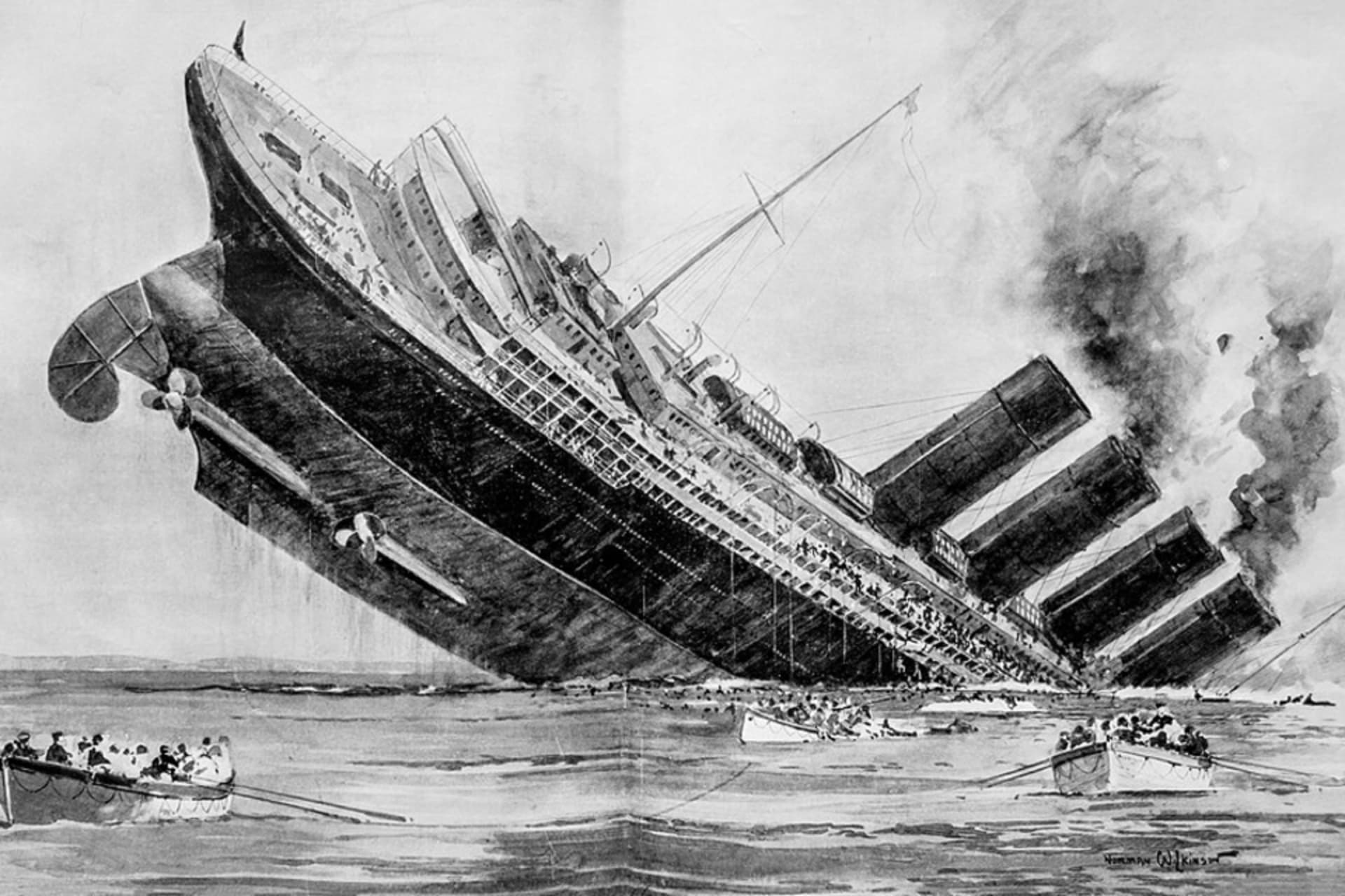 <p>Engraving by Norman Wilkinson depicting the sinking of the <i>Lusitania </i>in the Illustrated London News, May 15, 1915.</p>
