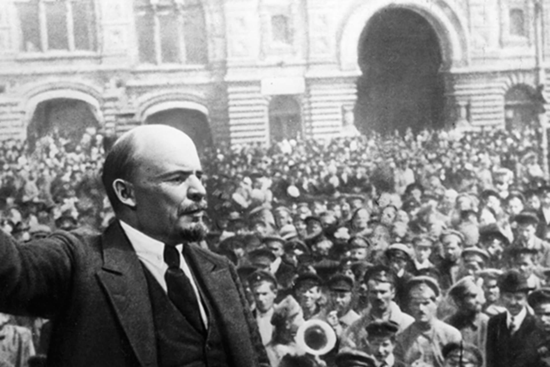Russian communist revolutionary leader Vladimir Lenin giving a speech in the Red Square, Moscow on May 25, 1919.