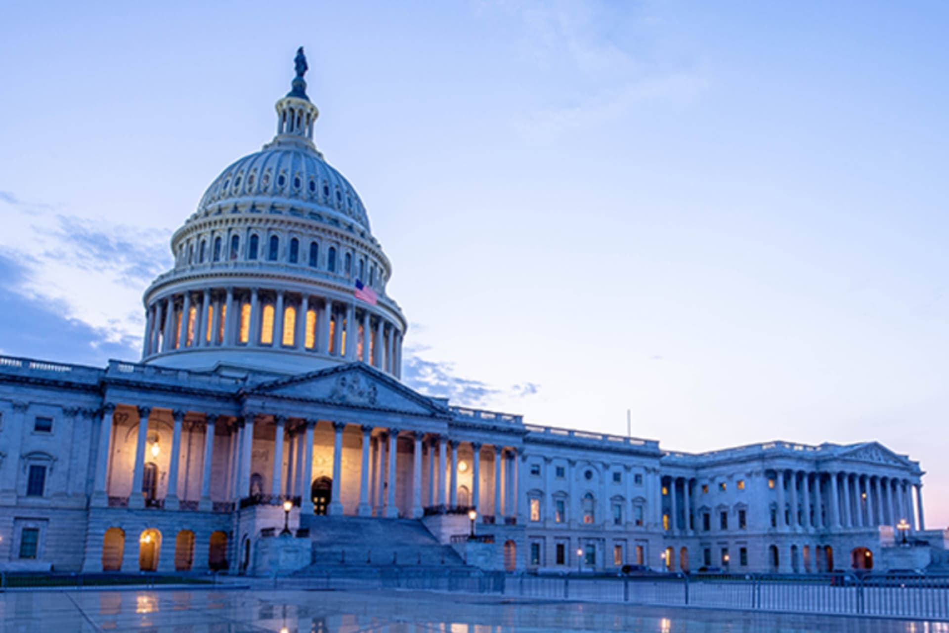 The U.S. Capitol Building in Washington D.C. at dusk.