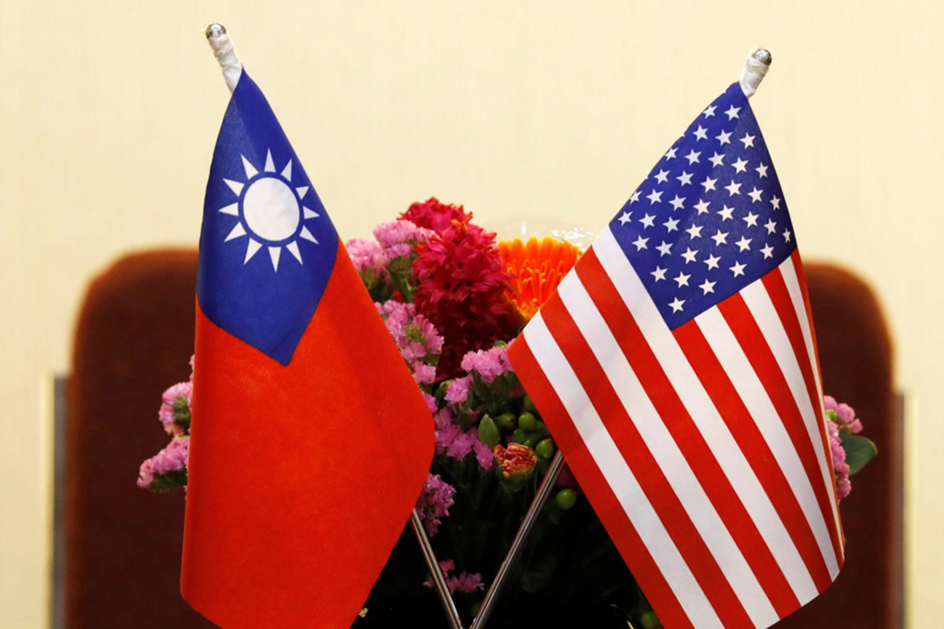 <p>Flags of Taiwan and the U.S. are arranged for a diplomatic meeting in Taipei, Taiwan on March 27, 2018. </p>