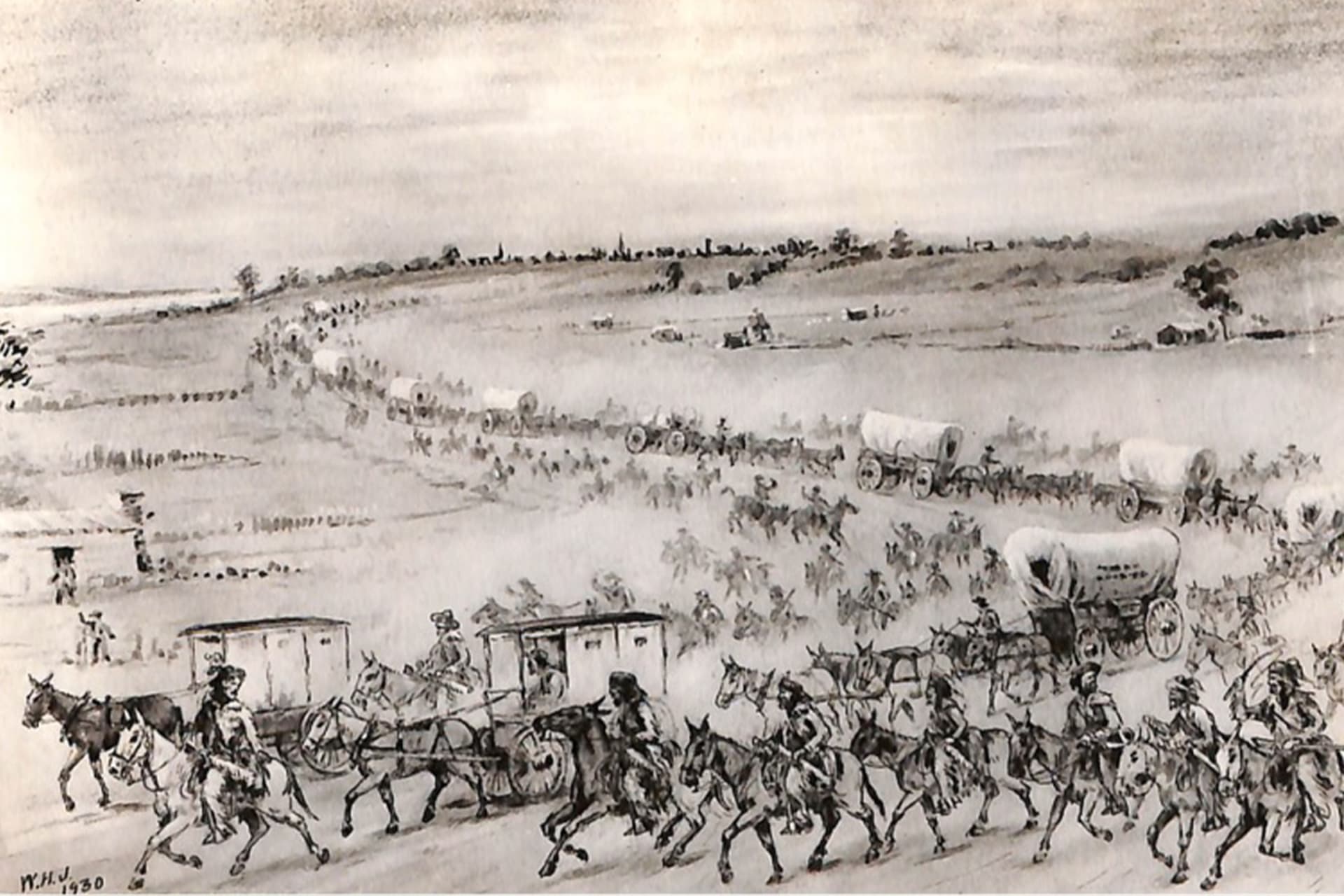 <p>Copy of W.H. Jackon’s painting of the first wagon train over Oregon Trail from April 1830.</p>