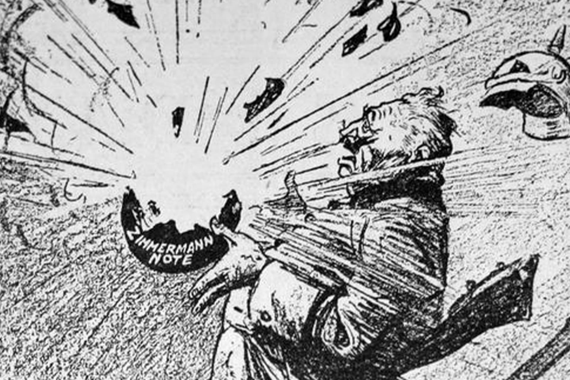 <p>A political cartoon titled “Exploding in his Hands” about the Zimmerman Telegram in March 17, 1917.</p>