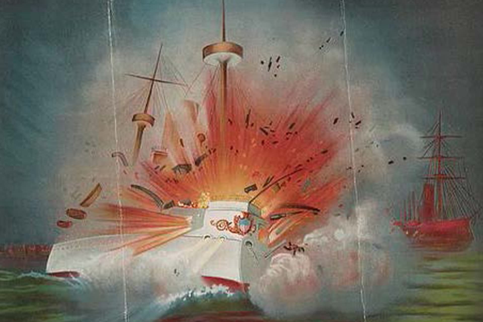 <p>Print of the U.S.S. Maine blowing up in the harbor at Havana, Cuba, created on June 21, 1898.</p>