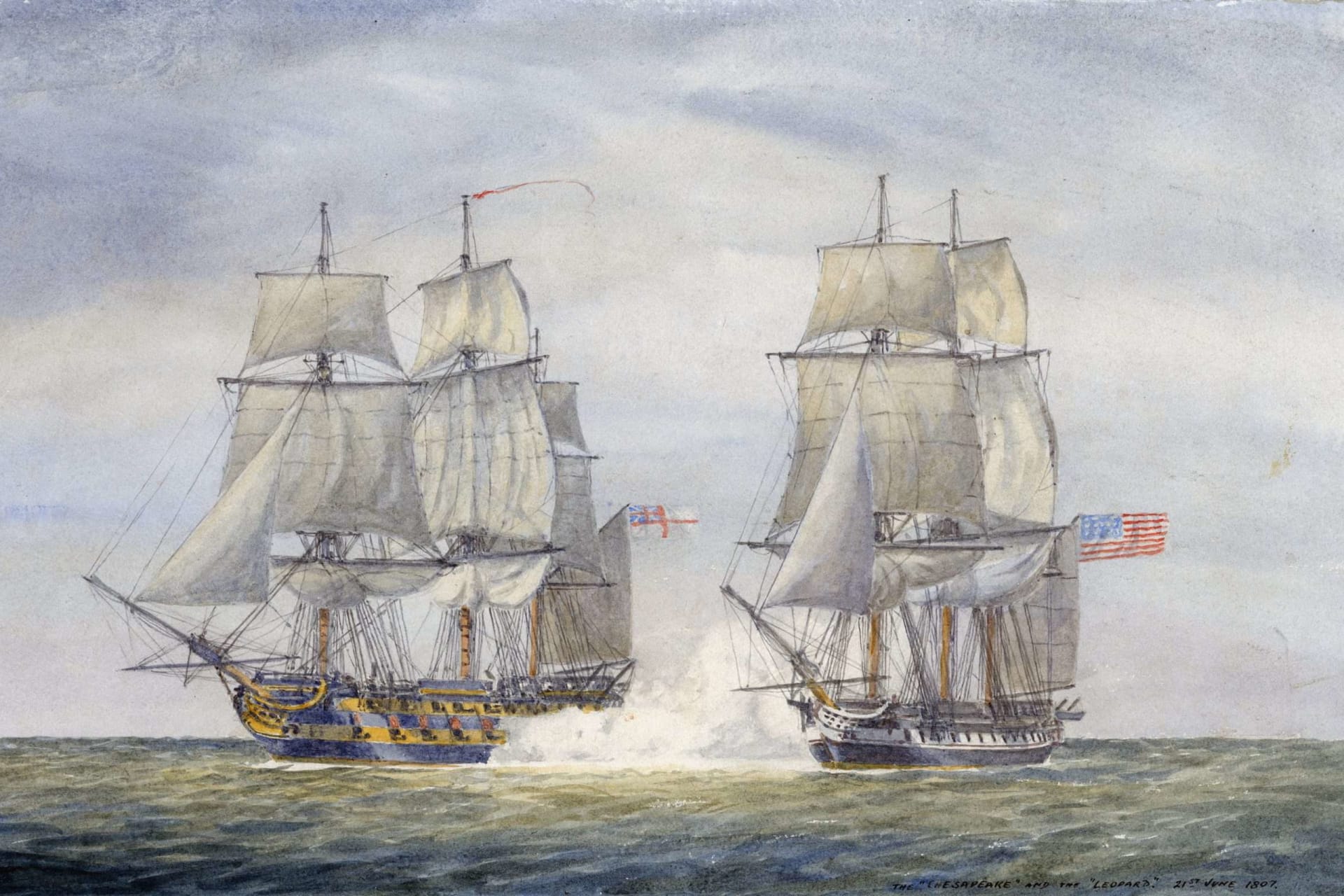 The USS Chesapeake (right) exchanges fire with the HMS Leopard (left) on June 22, 1807 off the coast of Virginia in a watercolor painting by Irwin John Bevan.