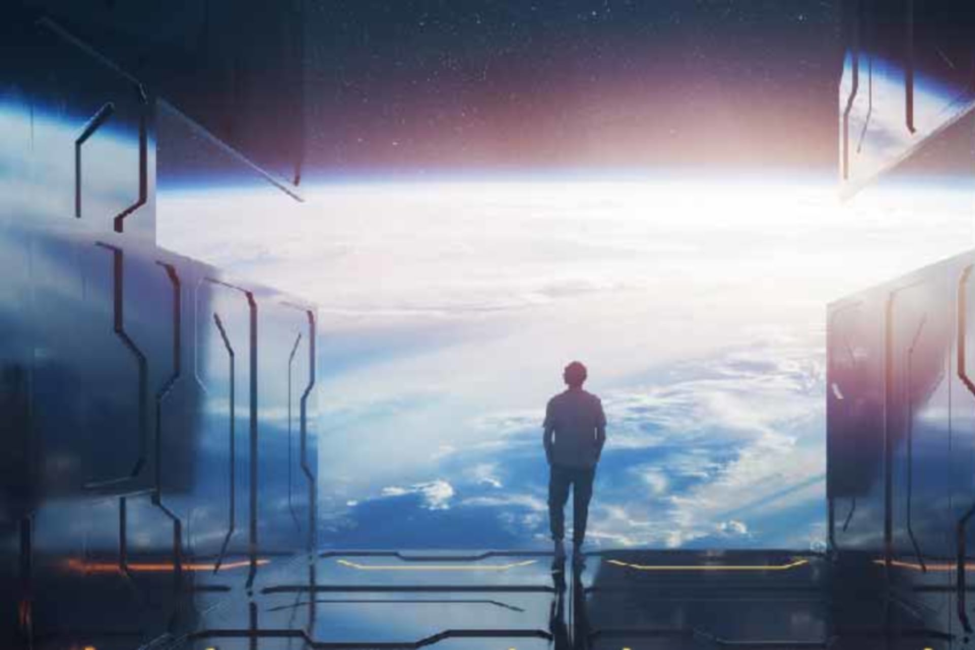 A man stands on the edge of a spaceship, surveying planet Earth.