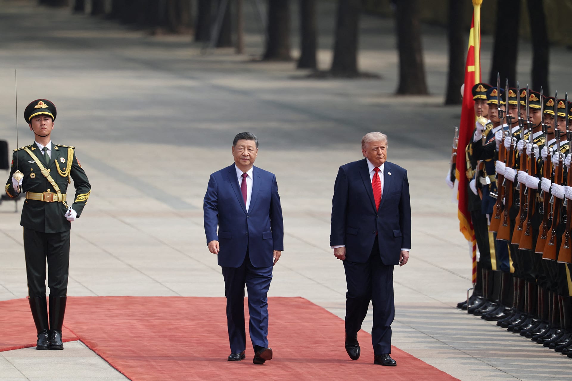 <p>Chinese President Xi Jinping and U.S. President Donald Trump during a welcome ceremony at the Great Hall of the People in Beijing, China, May 14, 2026. </p>
