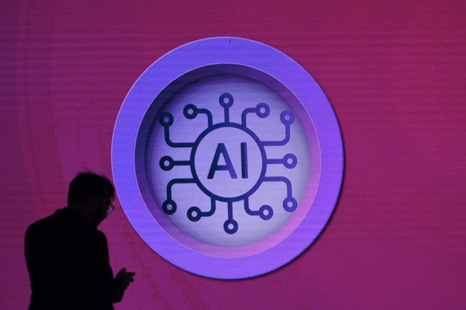 Signage of artificial intelligence is seen during the World Audio Visual Entertainment Summit in Mumbai, India, on May 2, 2025.