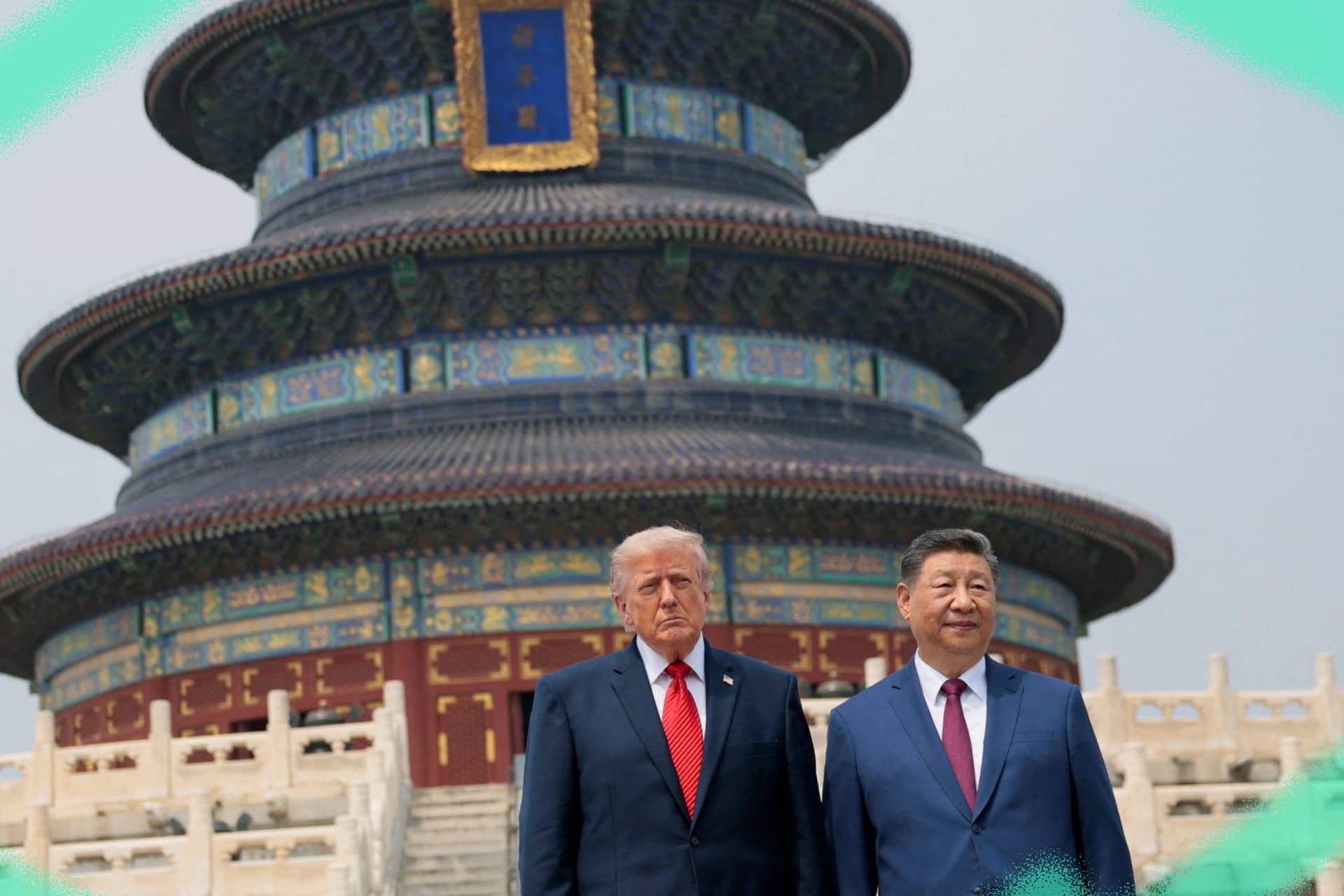 U.S. President Donald Trump and Chinese President Xi Jinping stand together as they tour the Temple of Heaven in Beijing, China on May 14, 2026.