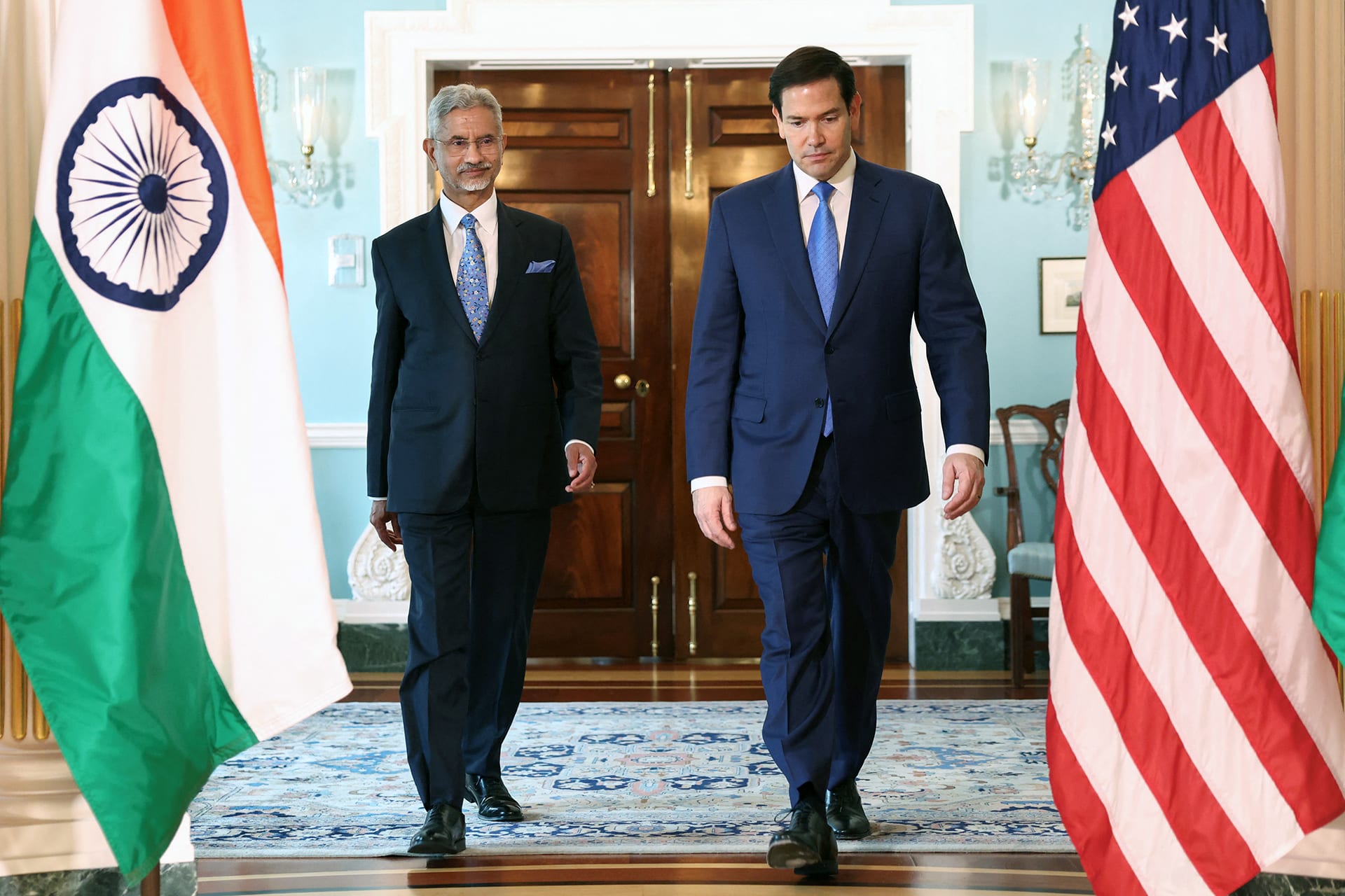 <p>U.S. Secretary of State Marco Rubio walks with India’s External Affairs Minister Subrahmanyam Jaishankar during a meeting of the Indo-Pacific Quad in Washington, DC, on July 1, 2025. </p>
