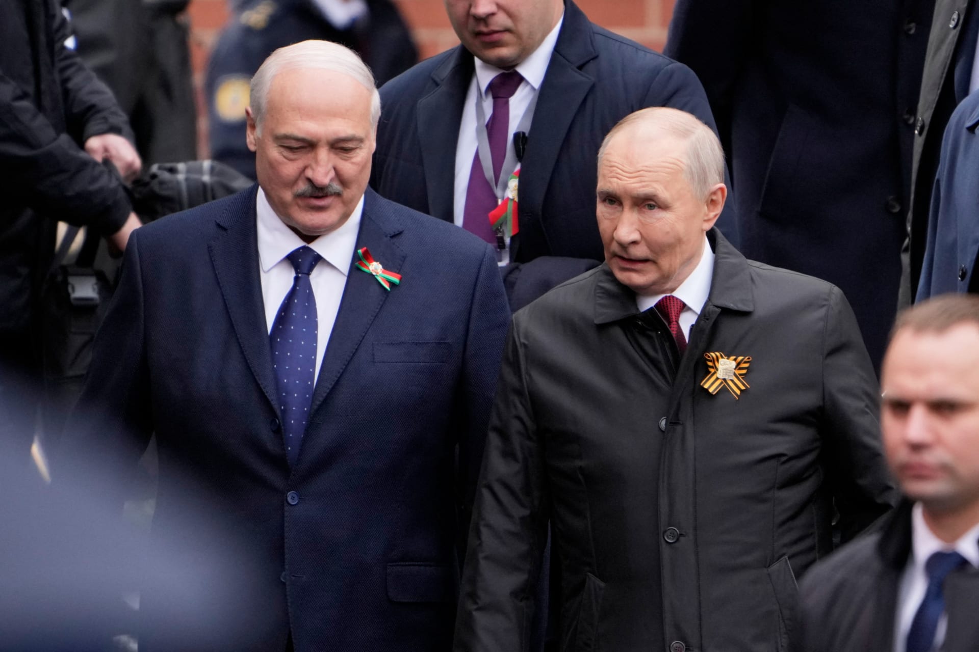 <p>Belarusian President Alexander Lukashenko and Russian President Vladimir Putin attend the Victory Day military parade in Moscow on May 9, 2025.</p>

