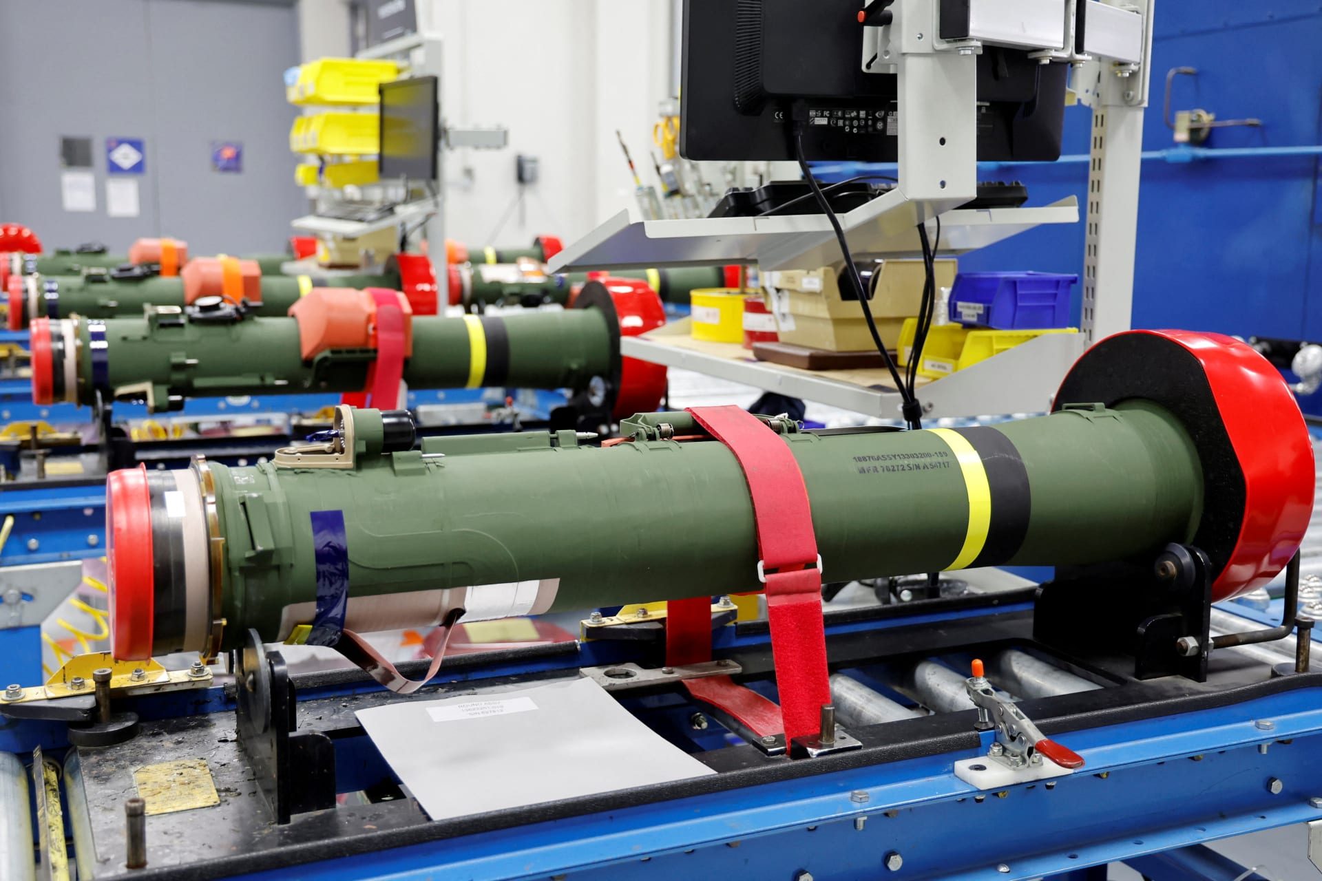 <p>Javeline anti-tank missiles are displayed on an assembly line at a Lockheed Martin weapons factory in Troy, Alabama, U.S. May 3, 2022.</p>
