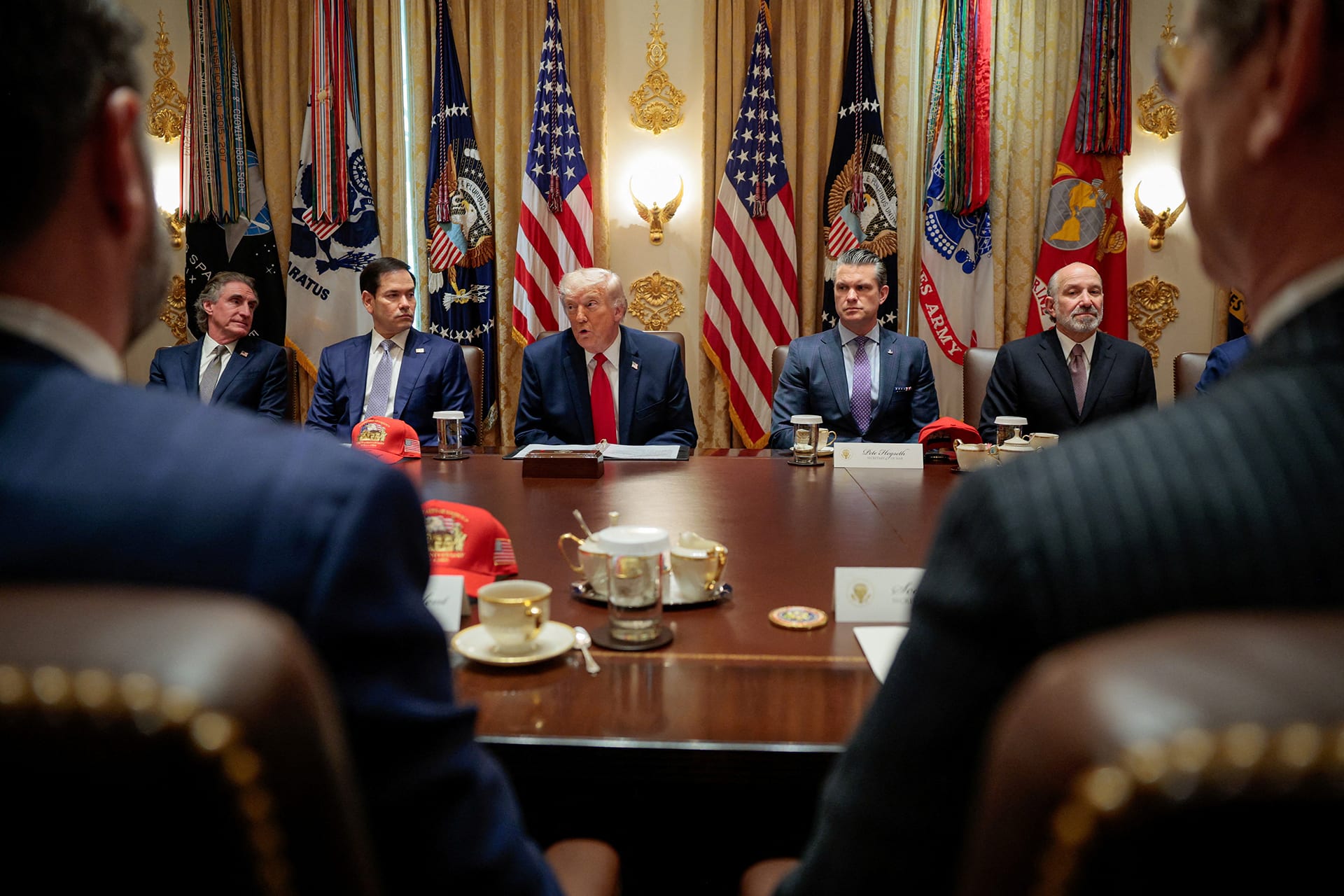 <p>U.S. Interior Secretary Doug Burgum, Secretary of State Marco Rubio, U.S. President Donald Trump, Defense Secretary Pete Hegseth and Commerce Secretary Howard Lutnick attend a cabinet meeting in the Cabinet Room at the White House, in Washington, D.C., U.S., on May 27, 2026.</p>
