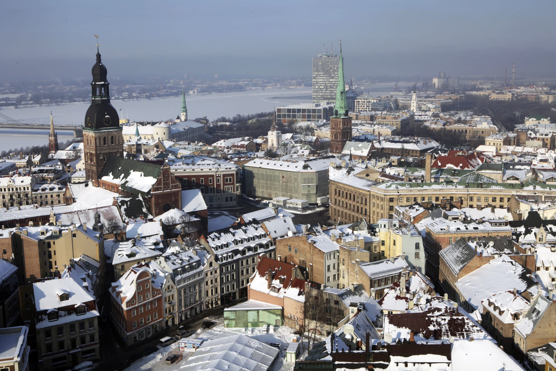 An aerial view of Riga, Latvia in the snow.