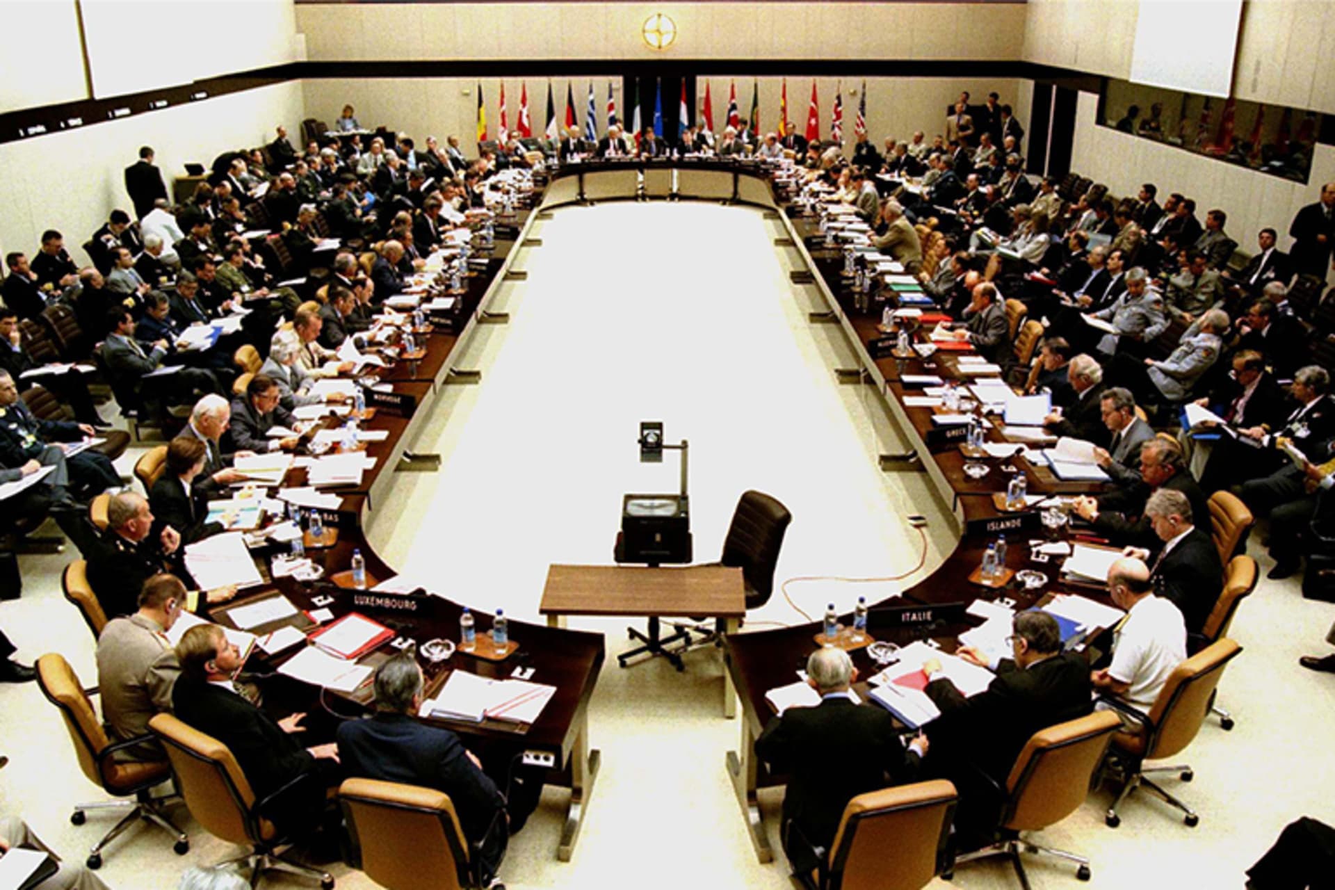 A view of the meeting room at the start of a NATO defense ministers meeting on June 12, 1997 at the NATO headquarters in Brussels.