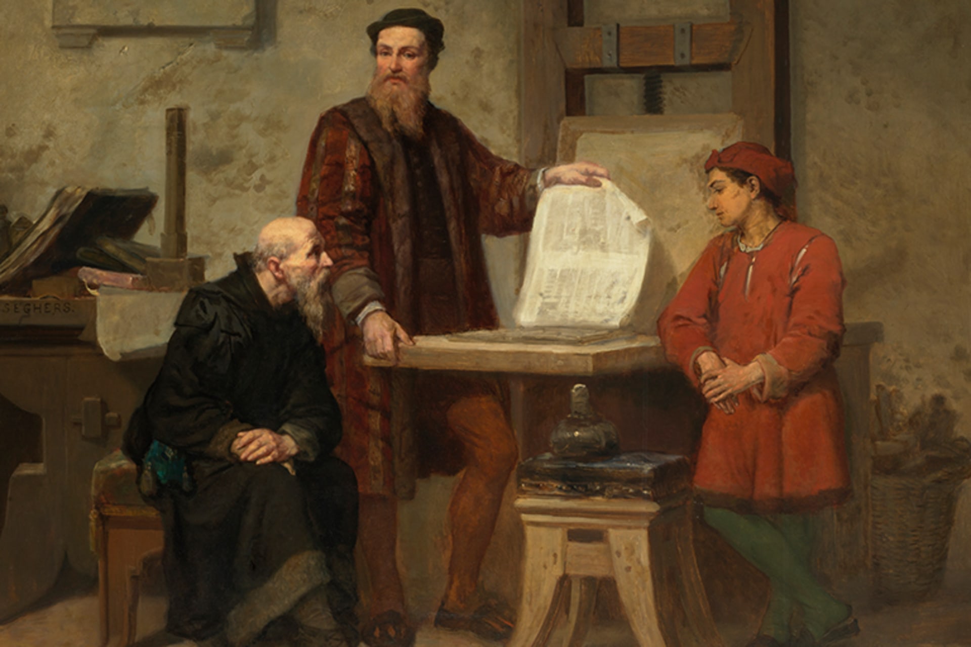 A painting of three men standing by the first printing press. One man lifts a paper off the press.