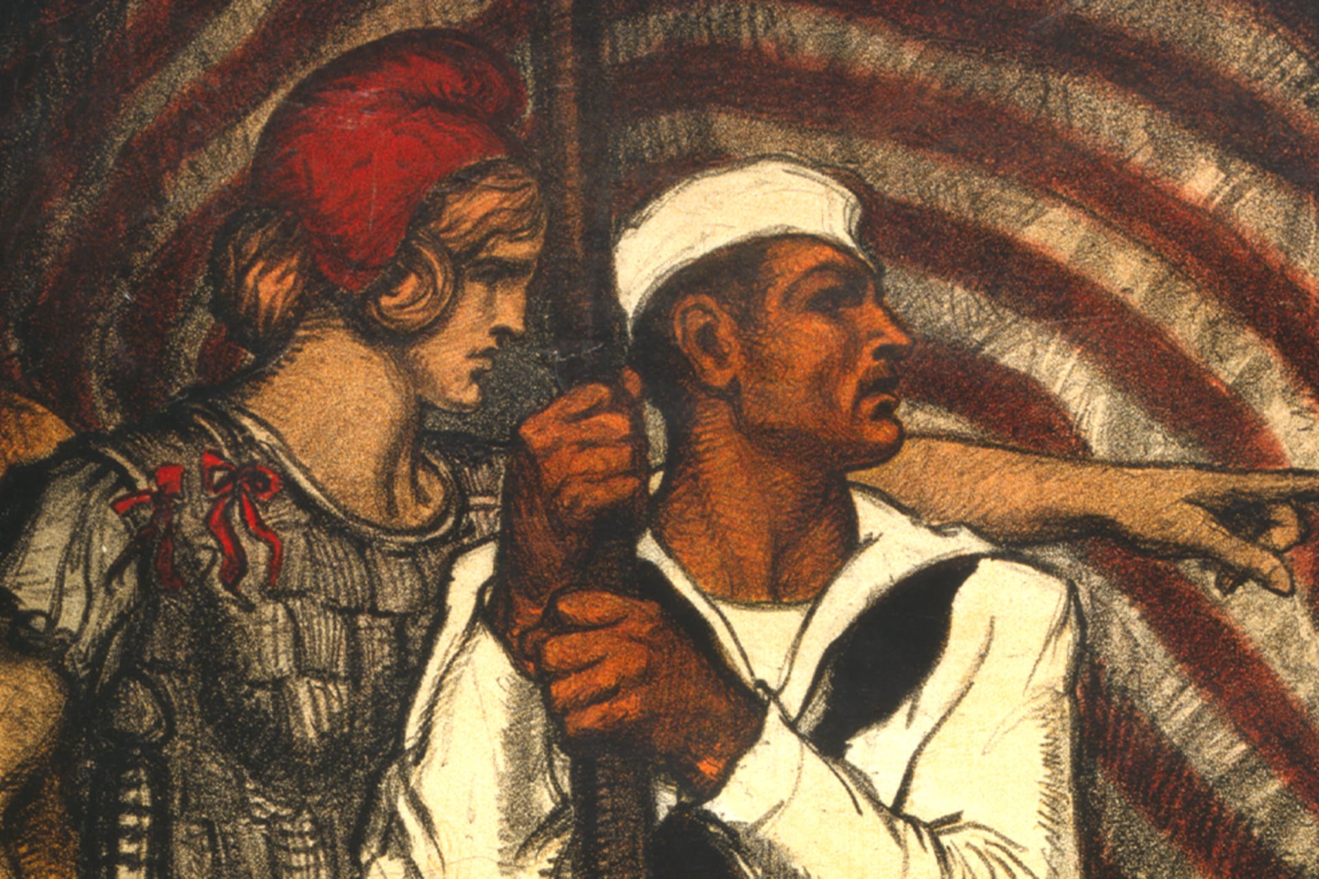 A color poster showing a sailor being sent to battle by a symbolic female figure with a sword, possibly Liberty.