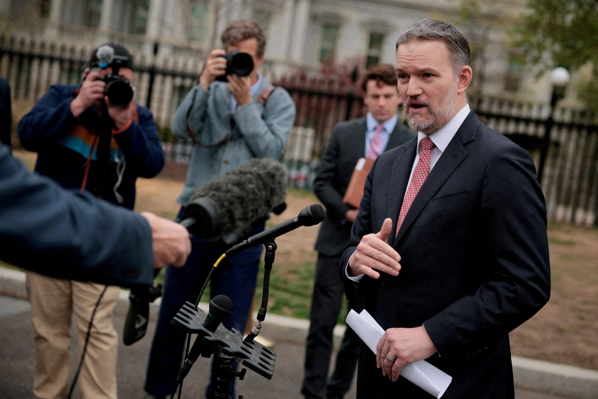 FILE PHOTO: U.S. Trade Representative Jamieson Greer speaks with reporters at the White House