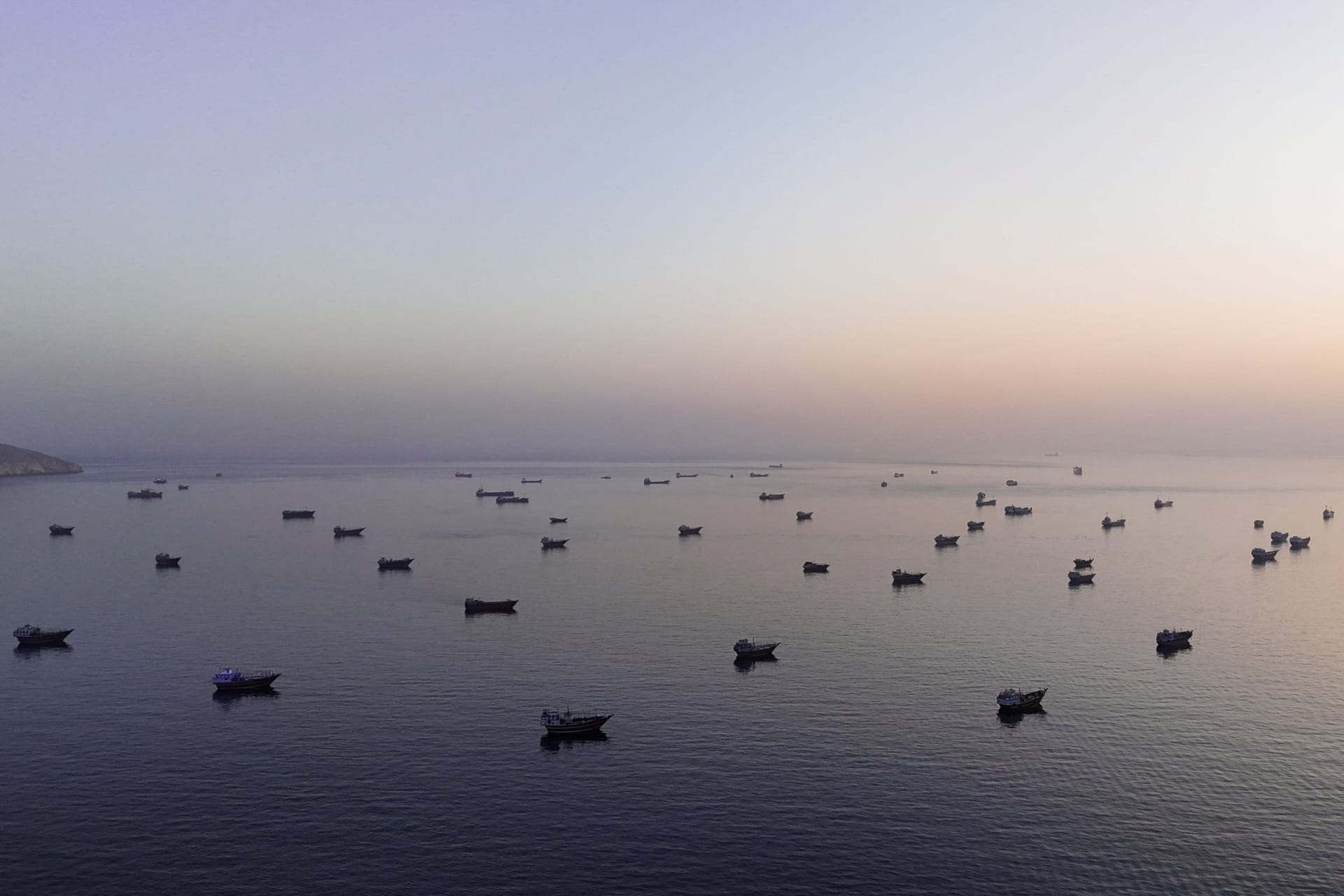 A drone view of vessles anchored in the Strait of Hormuz as seen from Musandam