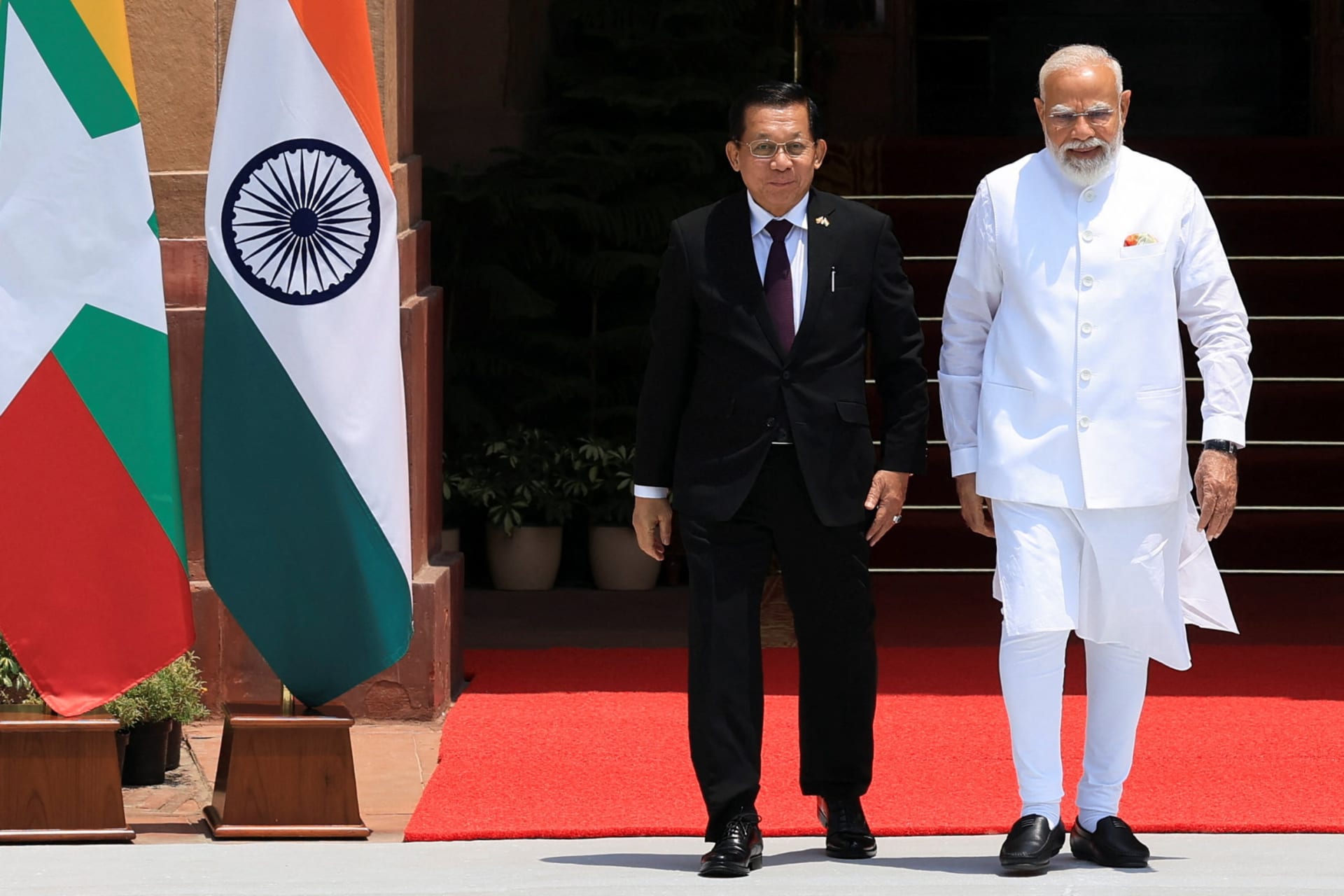 <p>India’s Prime Minister Narendra Modi welcomes Myanmar’s President Min Aung Hlaing as he arrives for a meeting at the Hyderabad House in New Delhi, India, June 1, 2026.</p>
