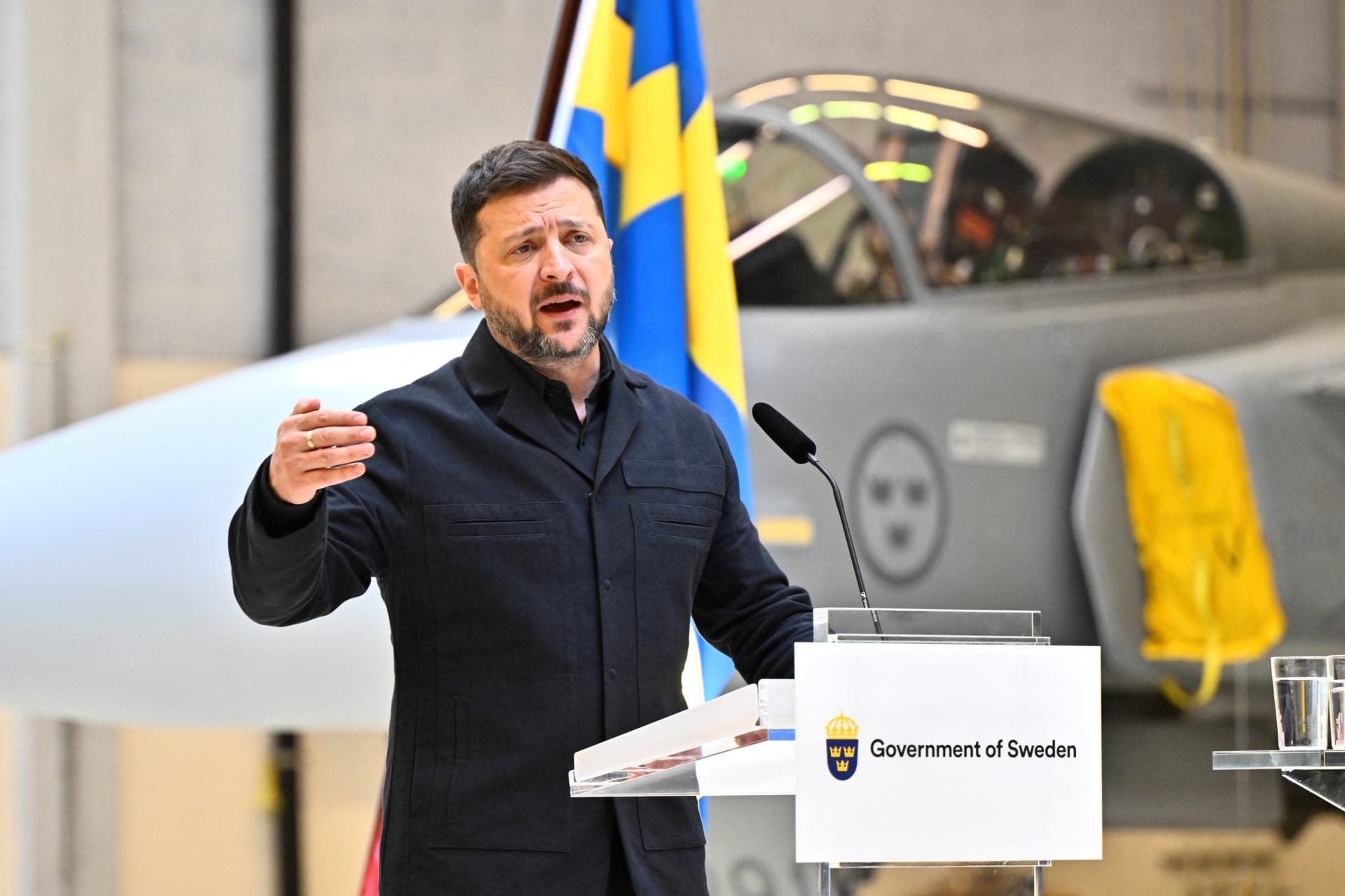 <p>Ukrainian President Volodymyr Zelenskyy speaks during a joint press conference with Swedish Prime Minister Ulf Kristersson in Uppsala, Sweden, May 28, 2026. </p>
