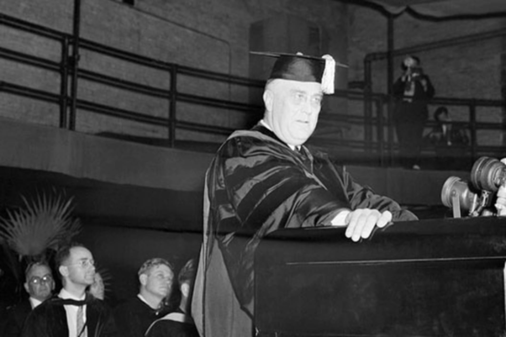 <p>President Franklin D. Roosevelt delivers the commencement address at the University of Virginia on June 10, 1940.</p>
