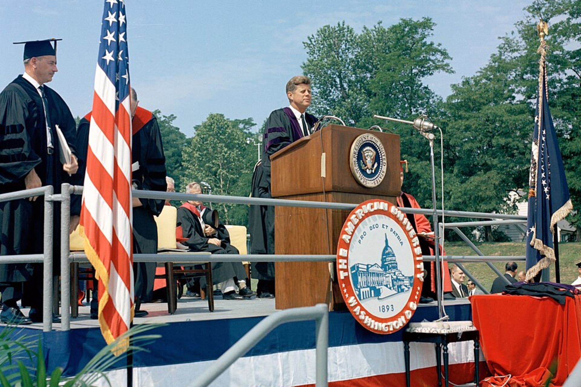 <p>President John F. Kennedy delivers the commencement address at American University, June 10, 1963.</p>
