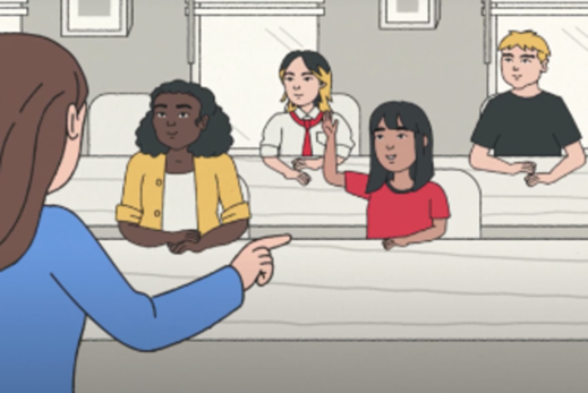An animated teacher debriefing with students.