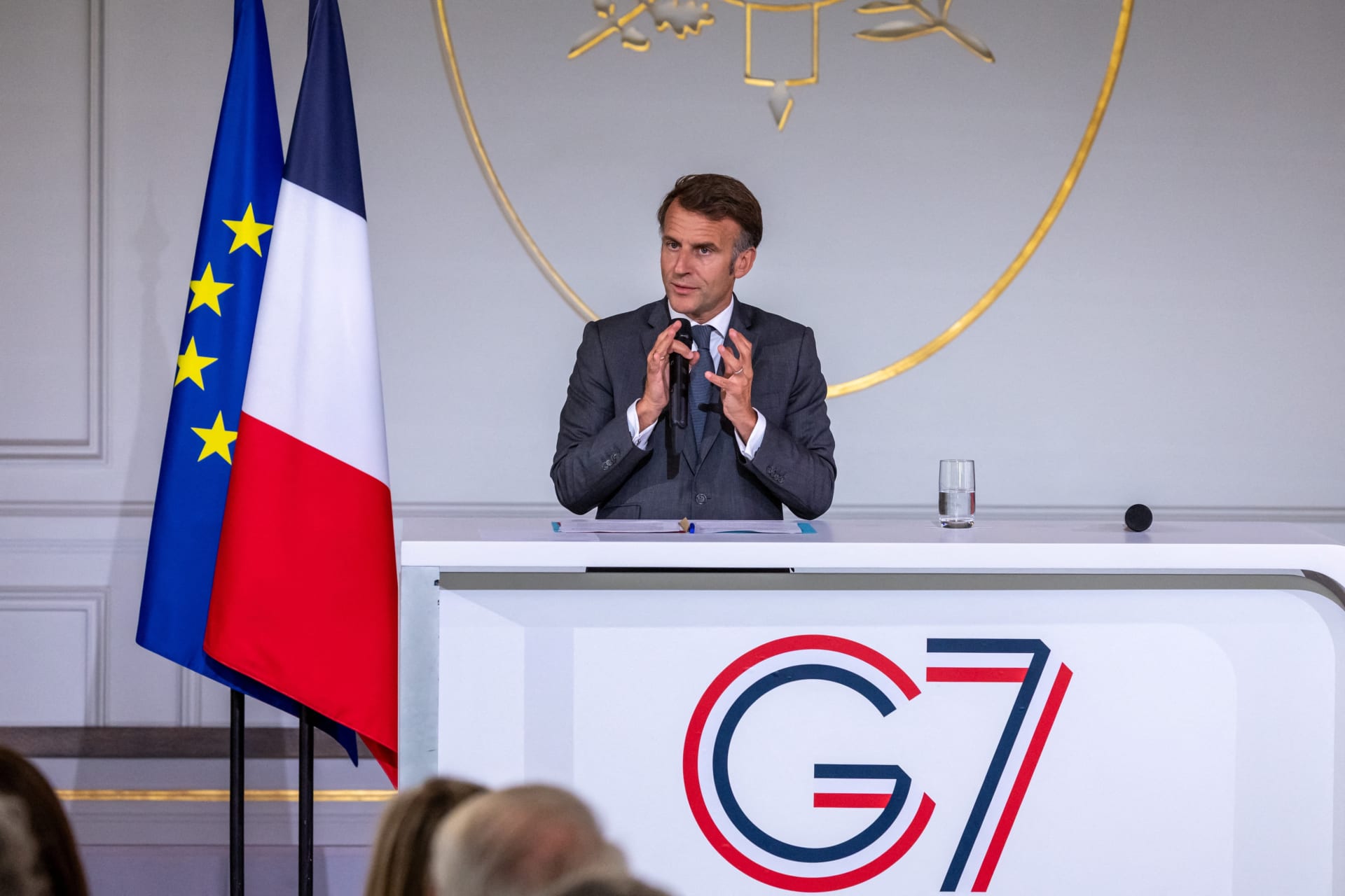 <p>French President Emmanuel Macron speaks during a meeting with leaders of the Engagement Groups involved in the G7 on social and economic issues at the Elysee Palace in Paris</p>