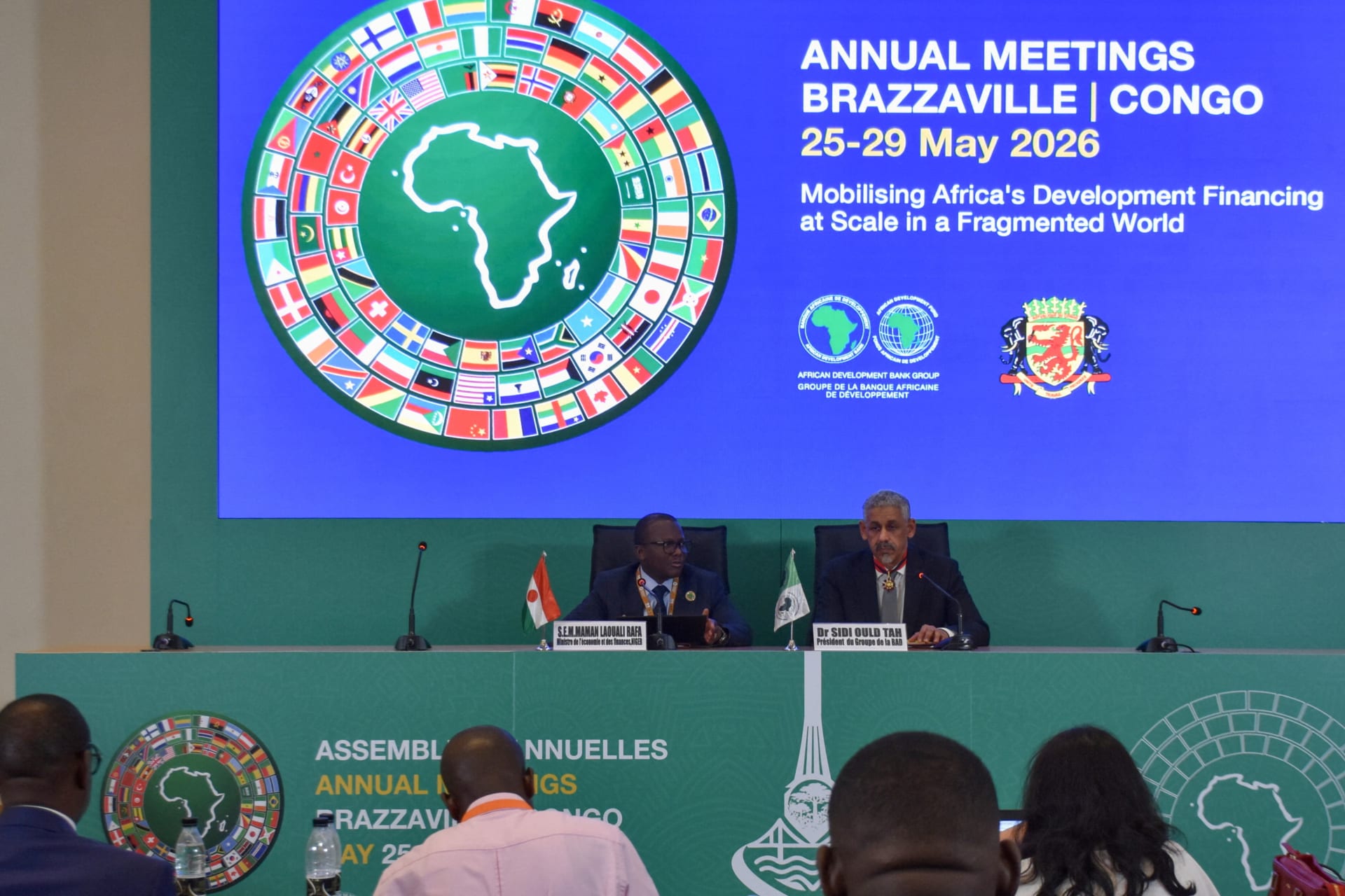 African Development Bank (AfDB) President Sidi Ould Tah attends a press conference alongside Niger's Minister of Economy and Finance Maman Laouali Abdou Rafa during the African Development Bank’s annual meeting at the Kintele International Conference Center in Brazzaville, Republic of Congo.