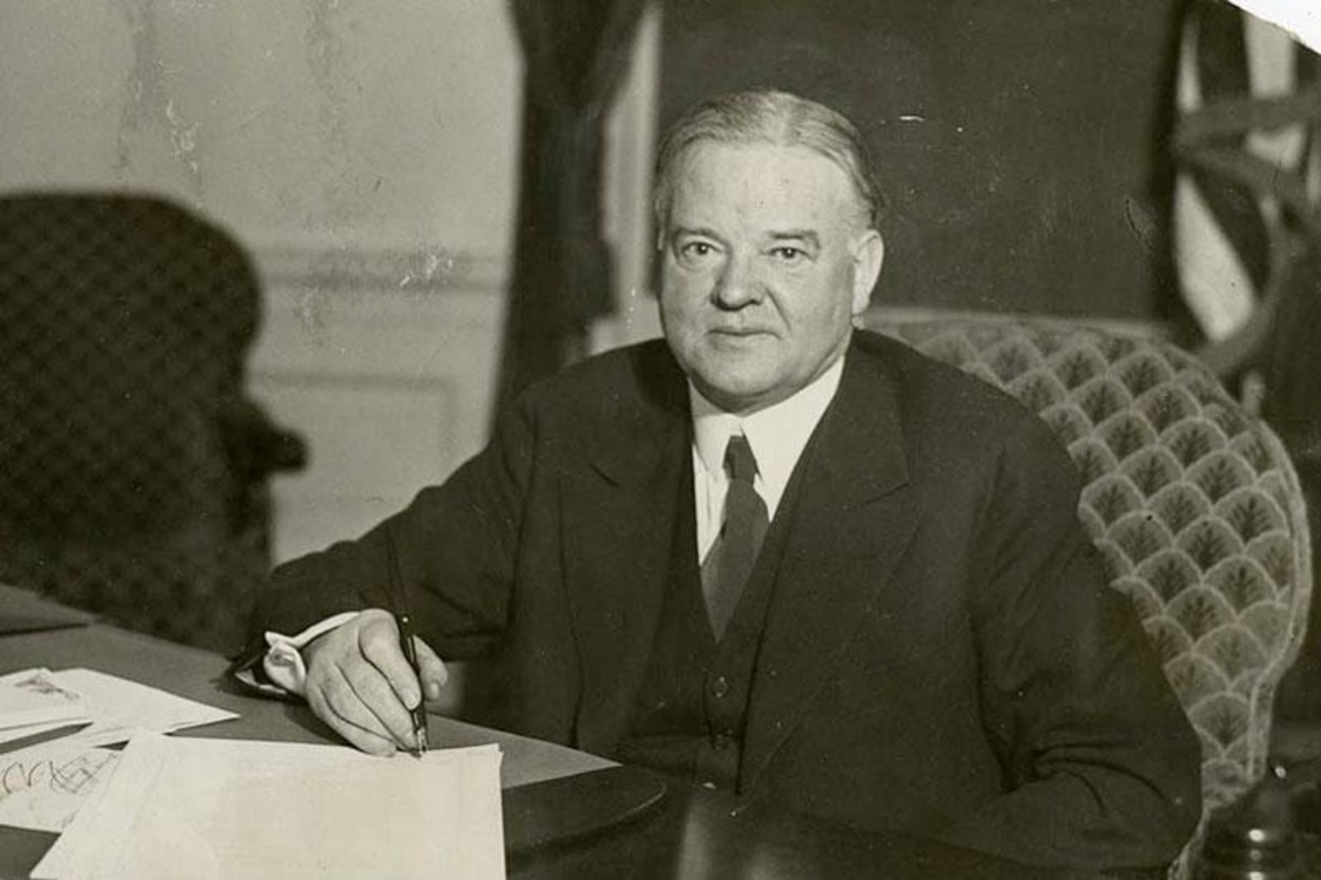 <p>President Herbert Hoover at his desk in the White House, December 20, 1930.</p>
