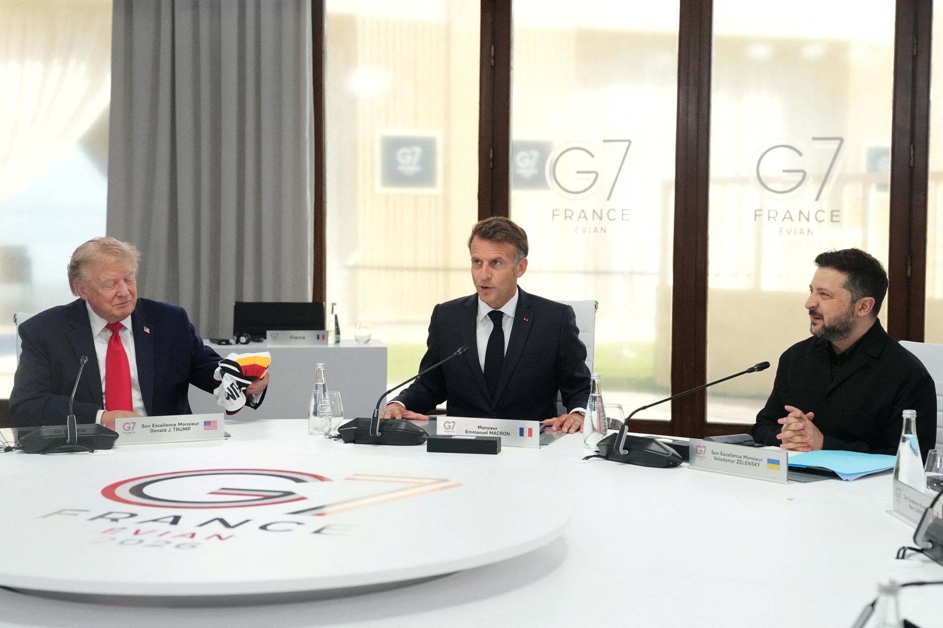 .S. President Donald Trump, French President Emmanuel Macron and Ukrainian President Volodymyr Zelenskiy during a working session at the G7 summit in Evian-les-Bains, France, on June 16, 2026.