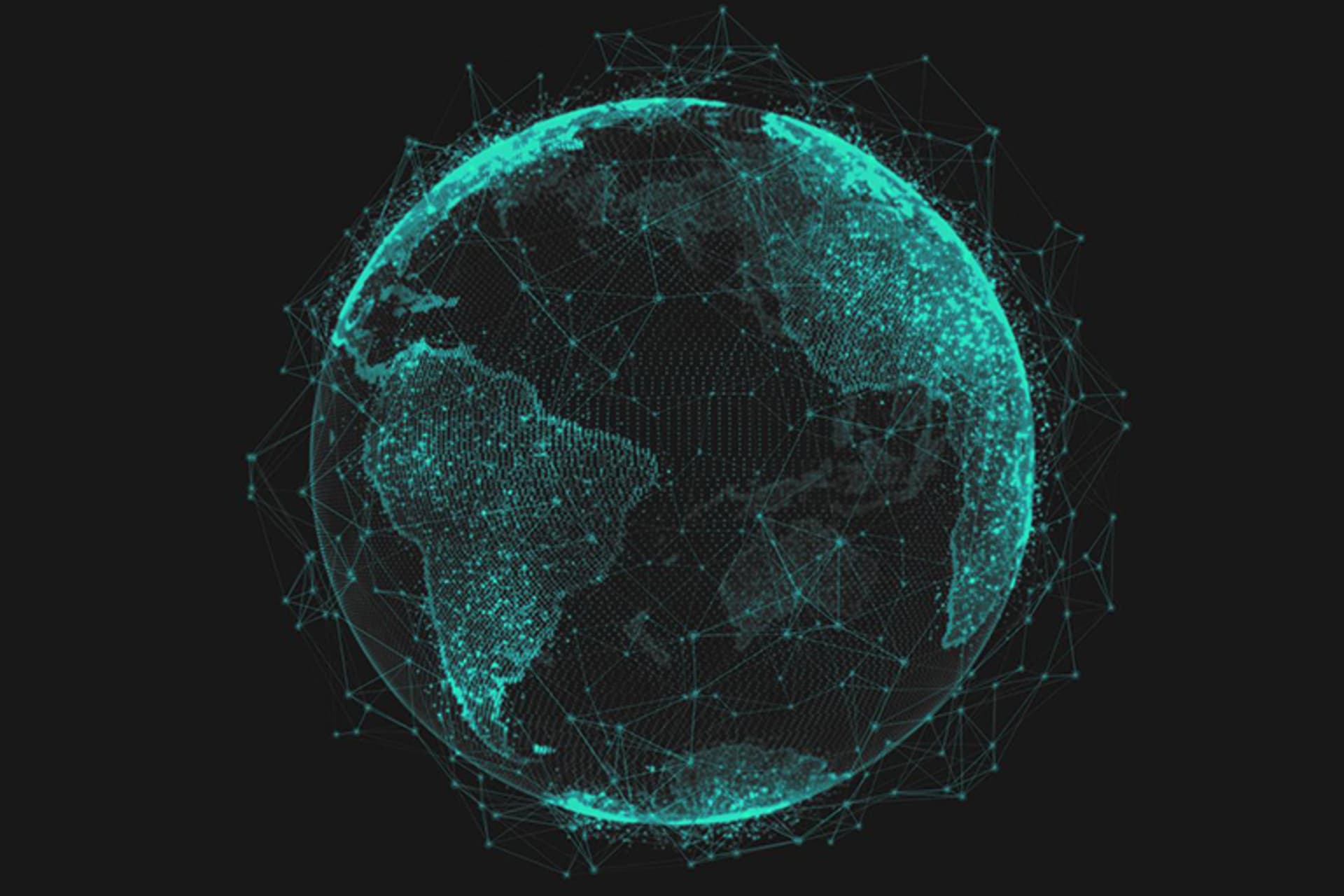 A digitized globe with satellite paths around it on a dark backdrop.
