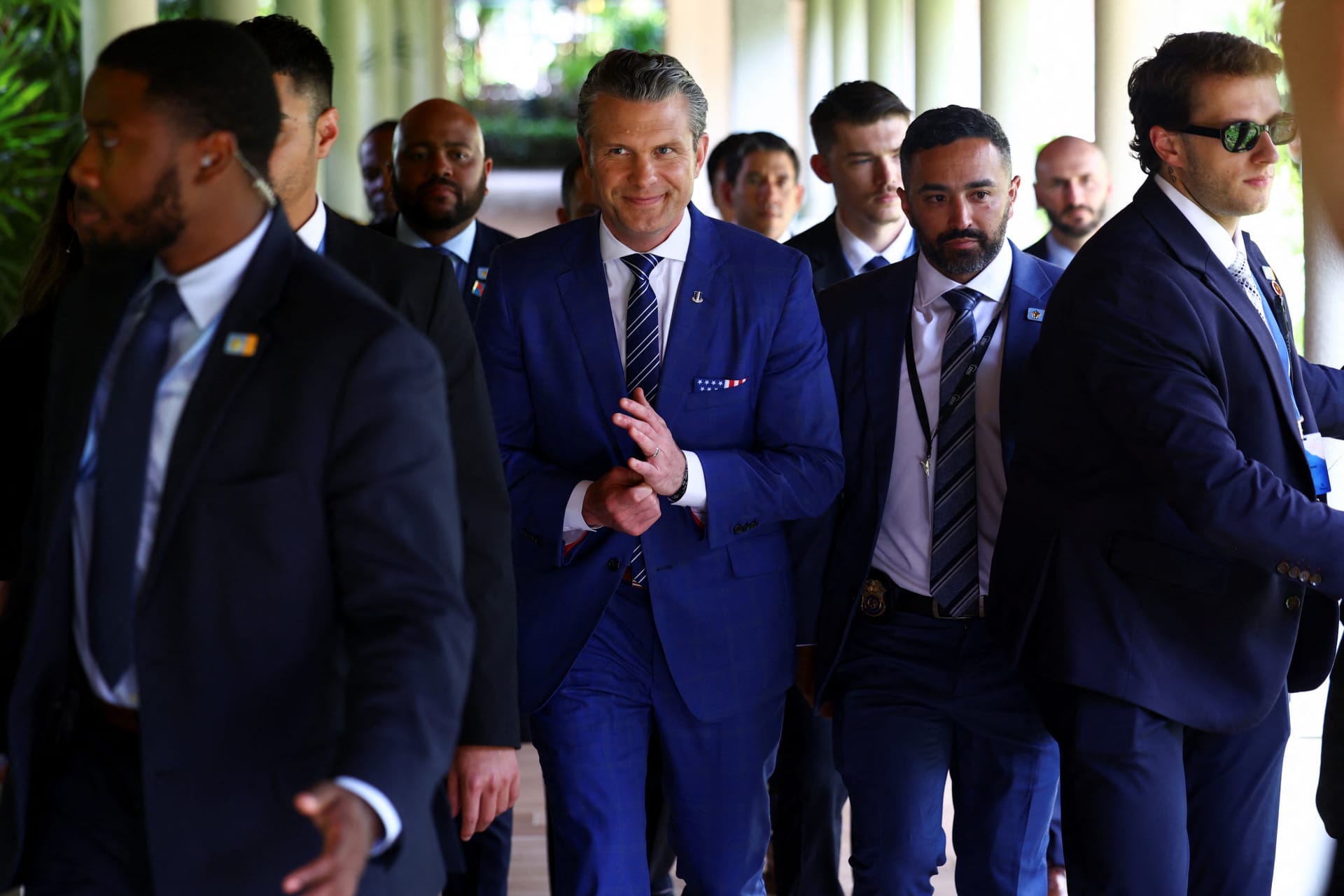 U.S. Defense Secretary Pete Hegseth arrives for a trilateral meeting between Japan, the U.S. and Australia, at the IISS Shangri-La Dialogue security summit in Singapore, May 31, 2025.