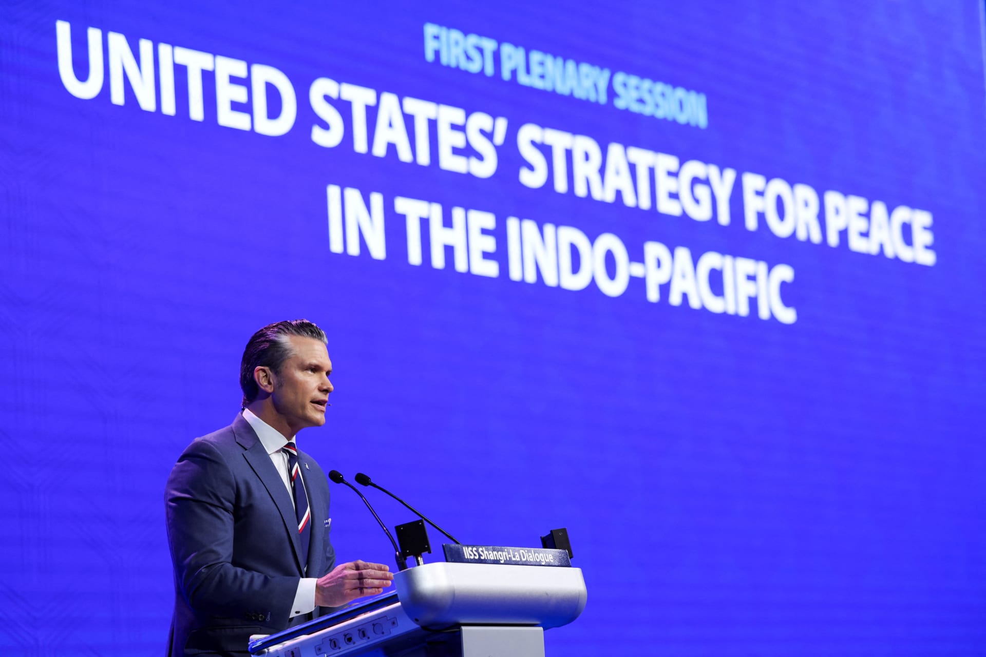 U.S. Secretary of Defense Pete Hegseth speaks at the IISS Shangri-La Dialogue security summit in Singapore, May 30, 2026.