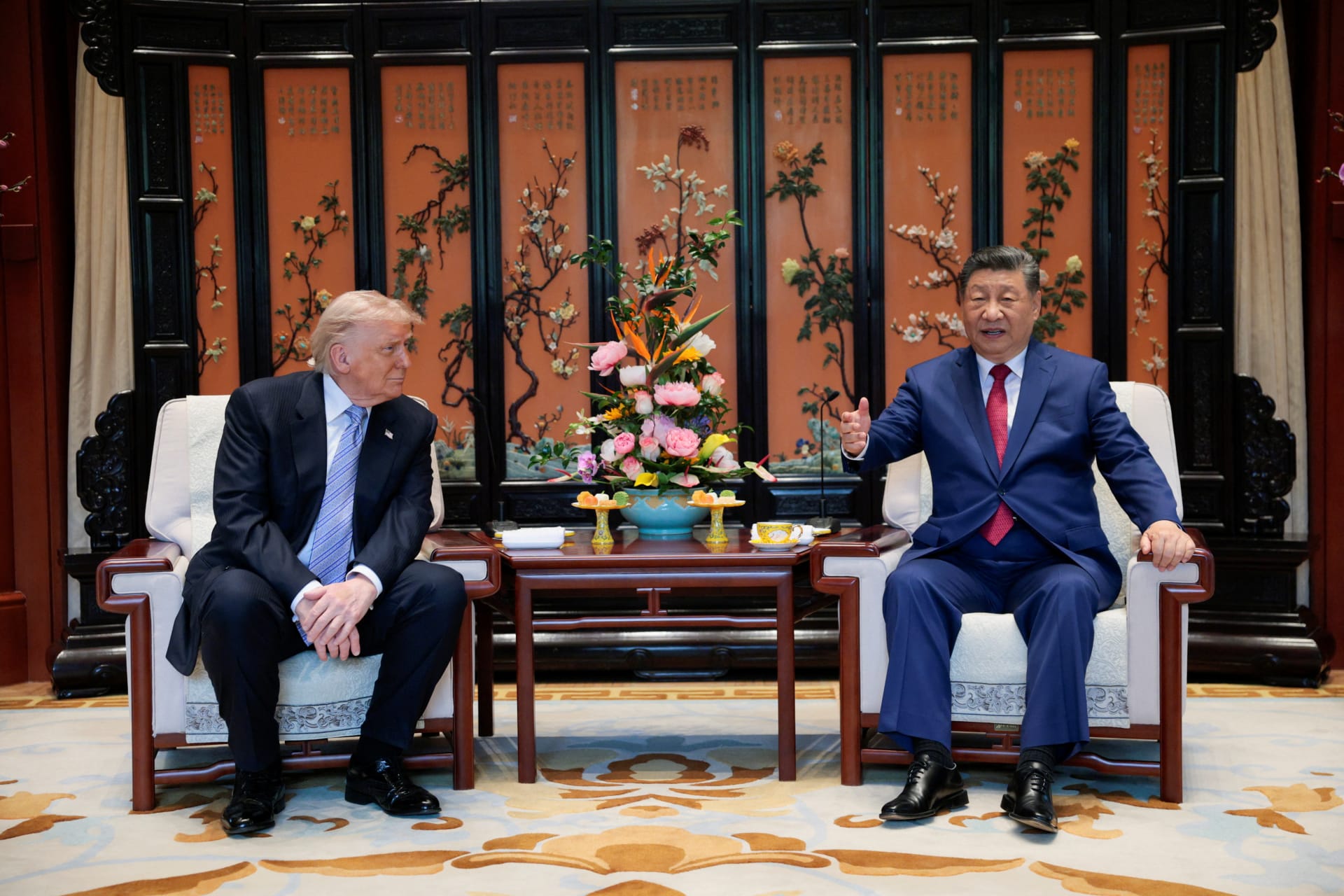<p>Chinese President Xi Jinping and U.S. President Donald Trump attend a meeting on the sidelines of their visit to the Zhongnanhai Garden in Beijing, China, May 15, 2026.</p>
