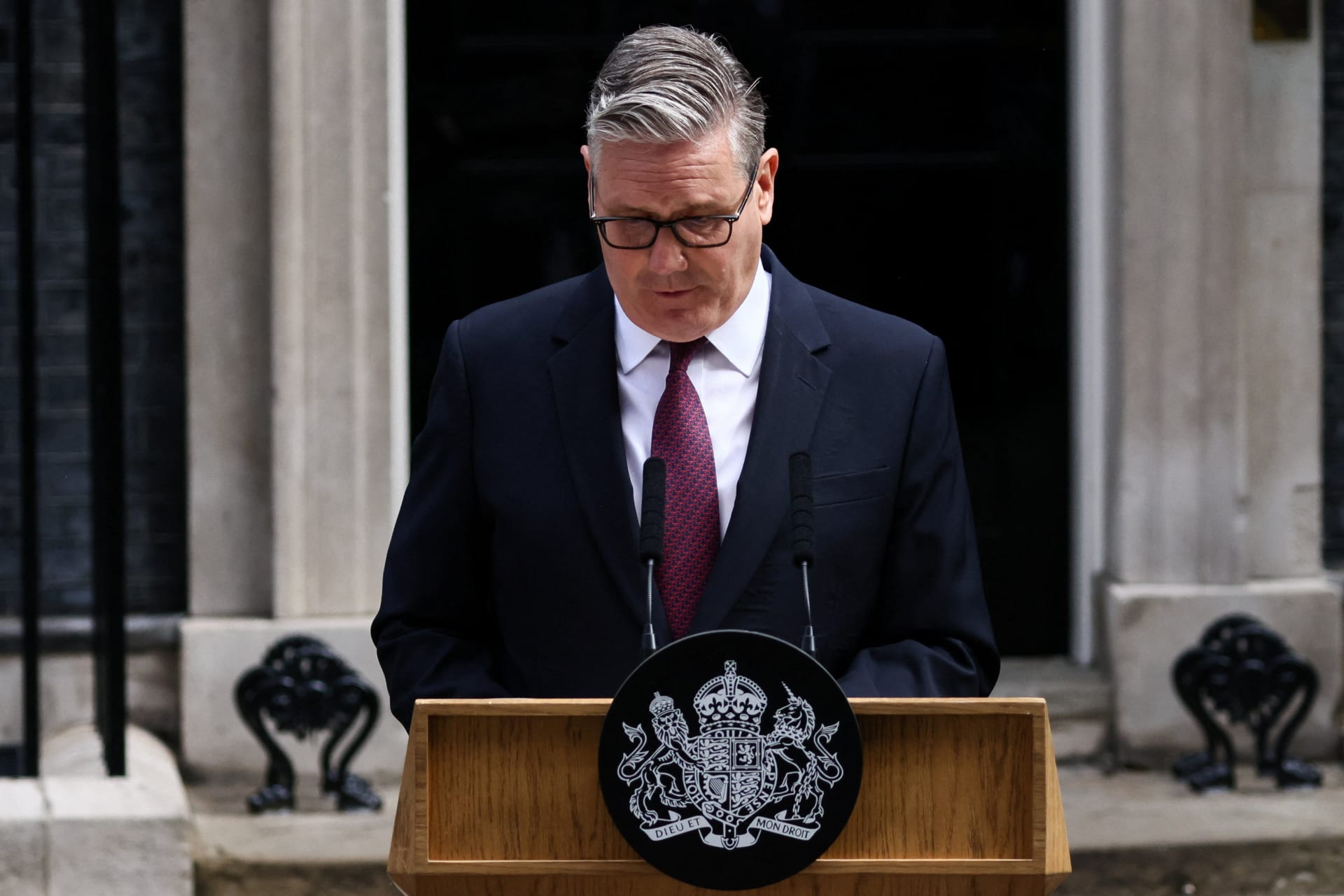 Britain's PM Starmer announces the timeline for his resignation outside 10 Downing Street, in London