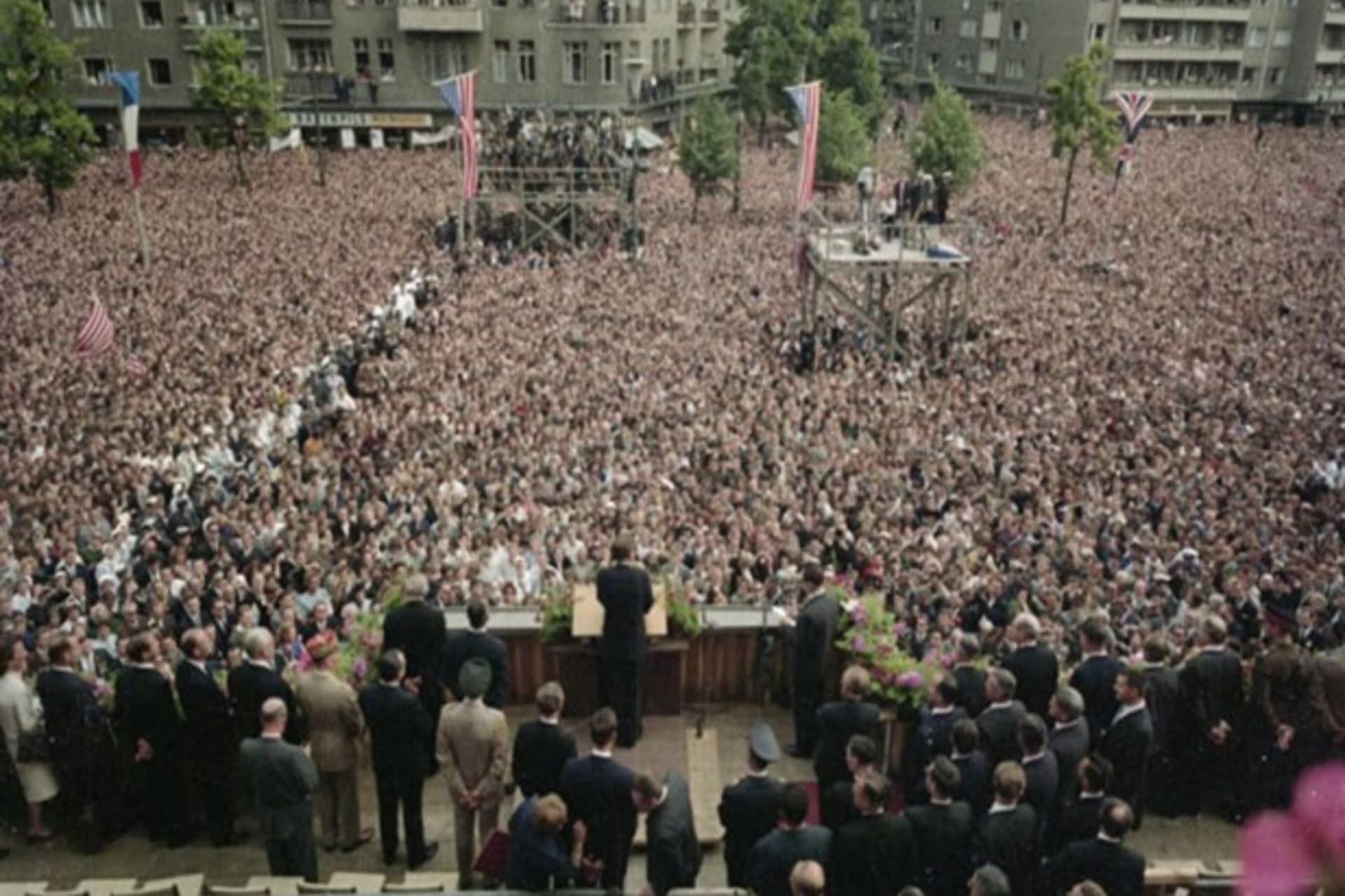 <p>President John F. Kennedy delivers his “Ich bin ein Berliner” speech at Rudolph Wilde Platz in West Berlin.</p>
