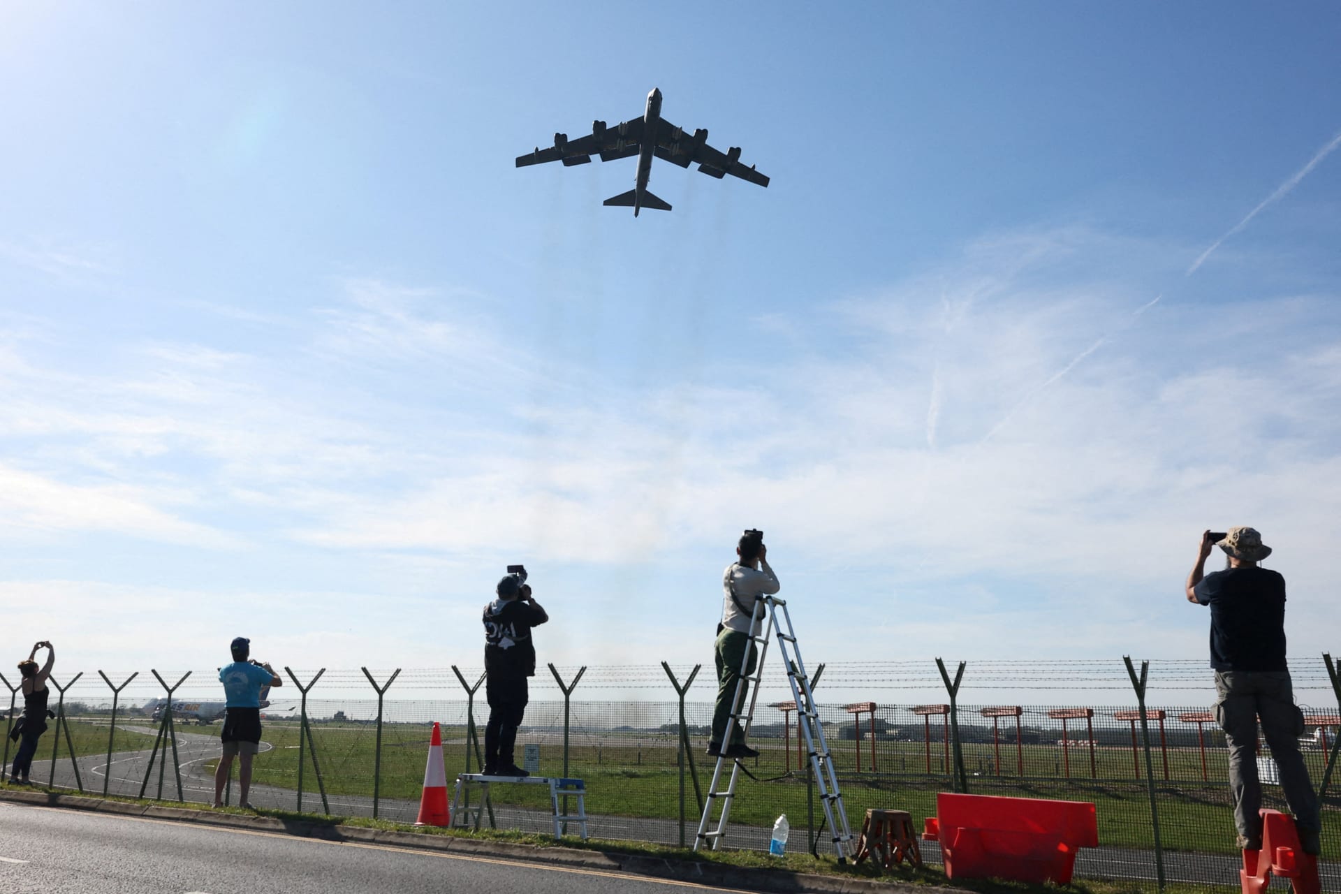 <p>A United States Air Force (USAF) B-52 Stratofortress bomber, which is loaded with munitions, departs from RAF Fairford airbase, amid the U.S.–Israeli conflict with Iran, in Fairford, Gloucestershire, Britain, April 7, 2026.</p>
