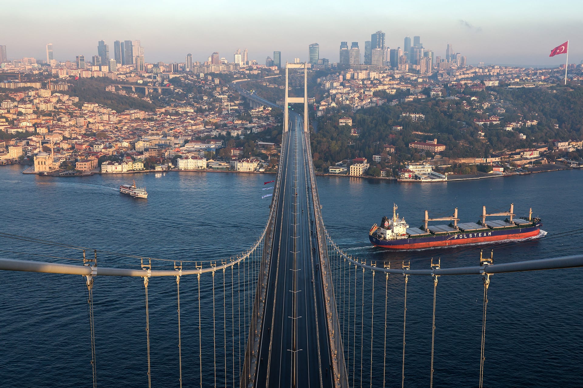 A view of city's business and financial districts from the Bosphorus Bridge in Istanbul