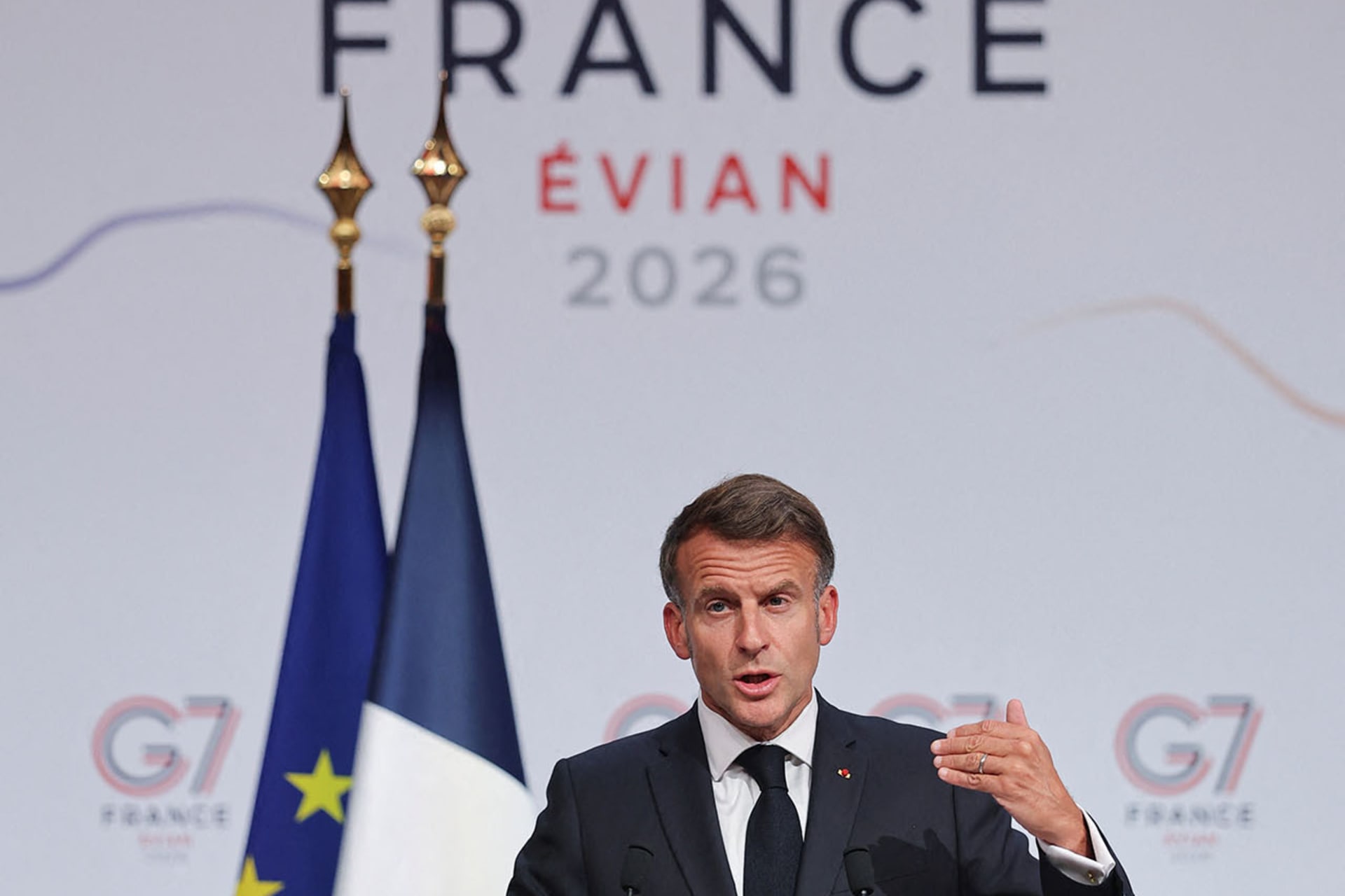 <p>French President Emmanuel Macron holds a press conference during the G7 Summit in Évian-les-Bains, France, on June 17, 2026.</p>
