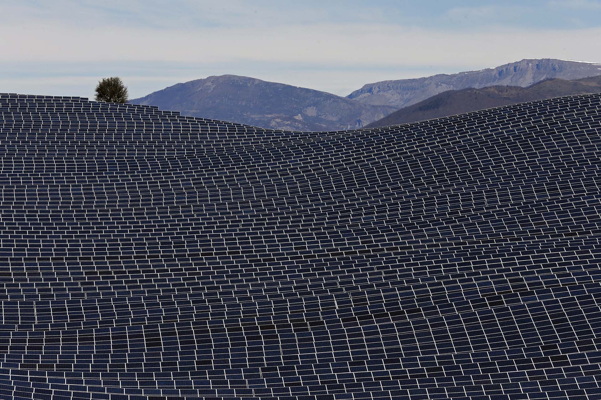 A general view shows solar panels to produce renewable energy at the photovoltaic park in Les Mees, in the department of Alpes-de-Haute-Provence