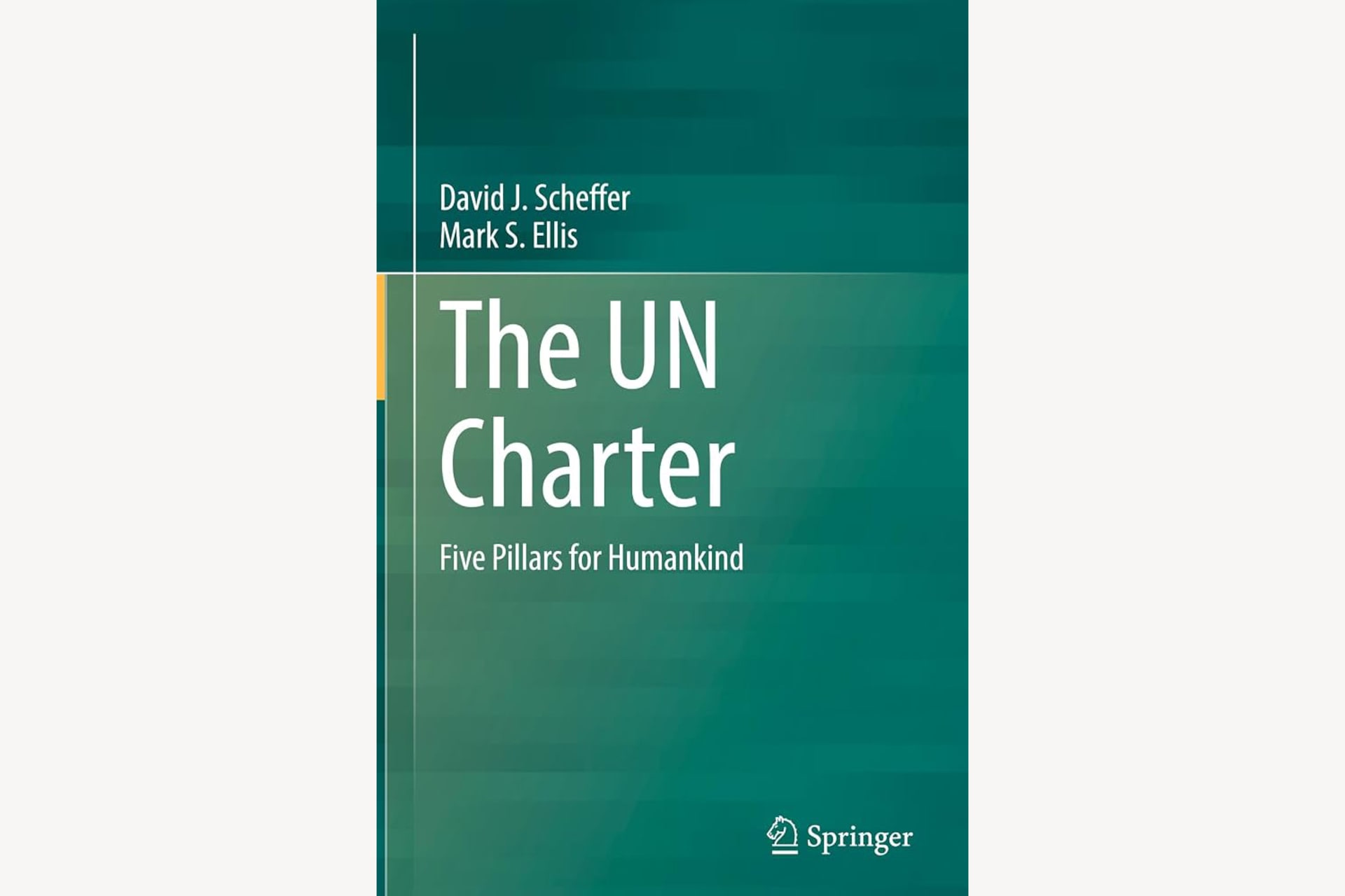 A blue book cover that reads "The UN Charter: Five Pillars of Humankind".