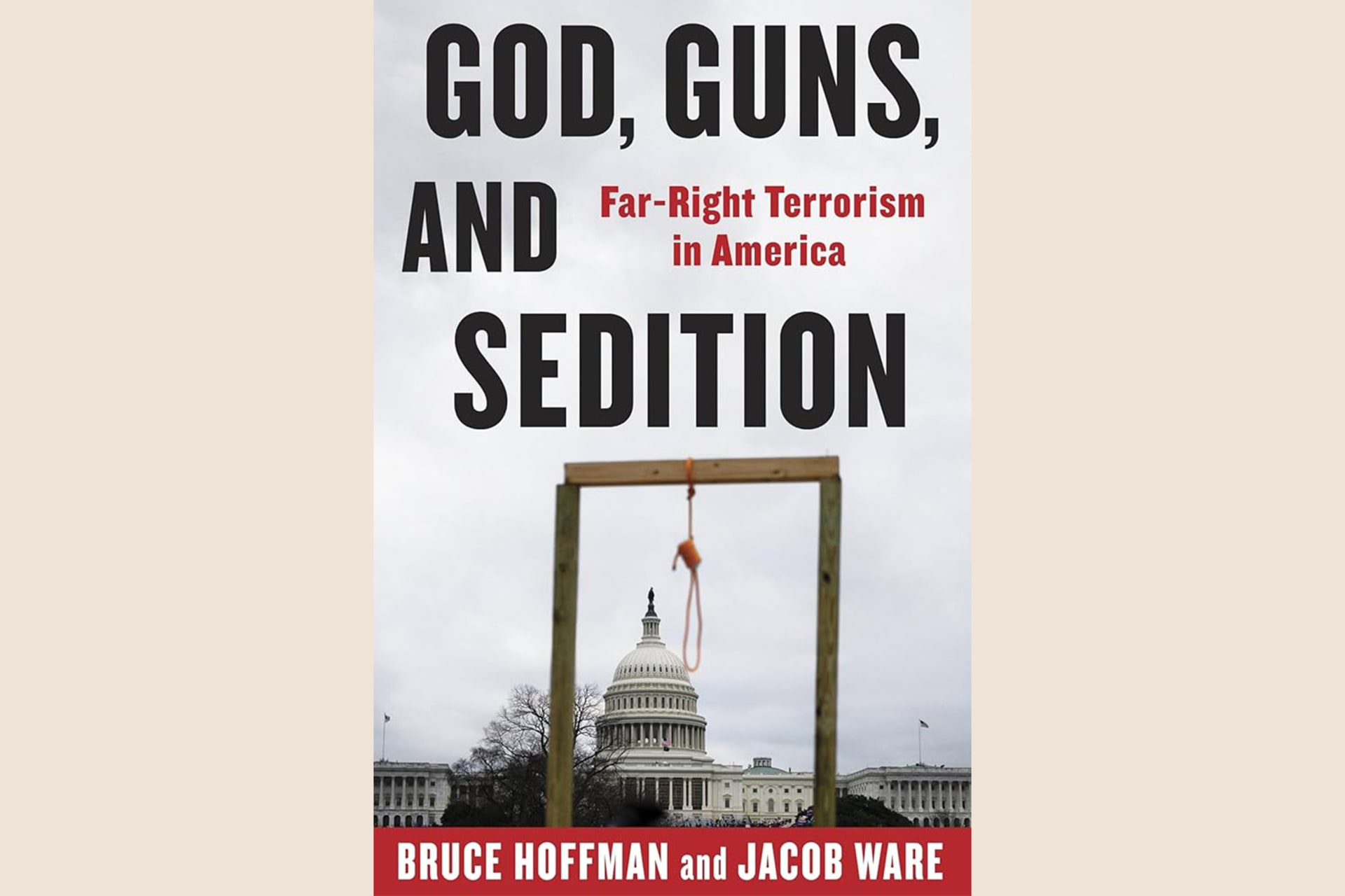A book cover with a photo of a noose in front of the U.S. Capitol building with text that reads, "God, Guns, and Sedition: Far-Right Terrorism in America".