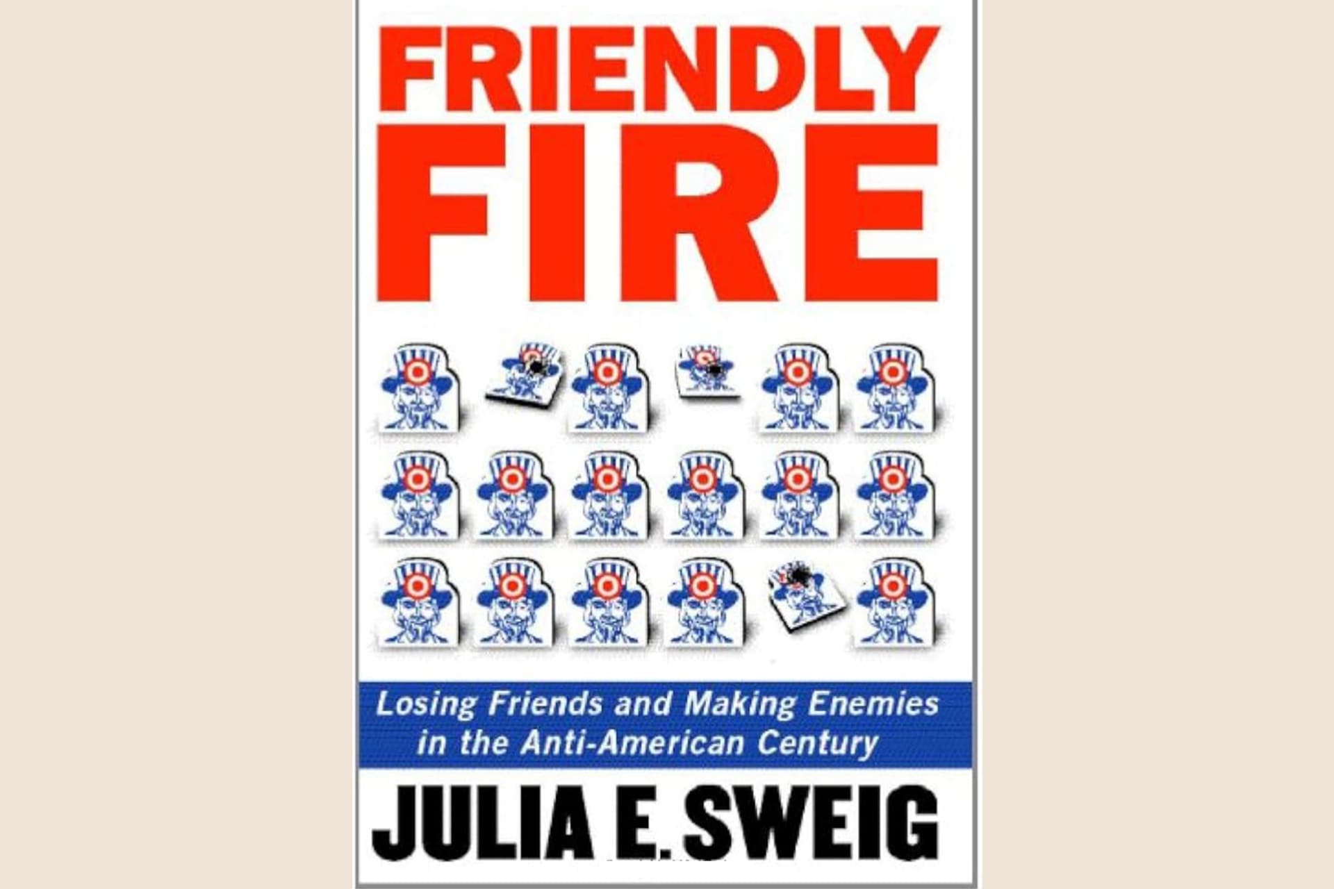 A book cover showing cutouts of Uncle Sam with targets on their head; three of the Uncle Sams are knocked over showing that they were shot down. The text reads, "Friendly Fire: Misadventures Abroad and the Making of Anti-America".